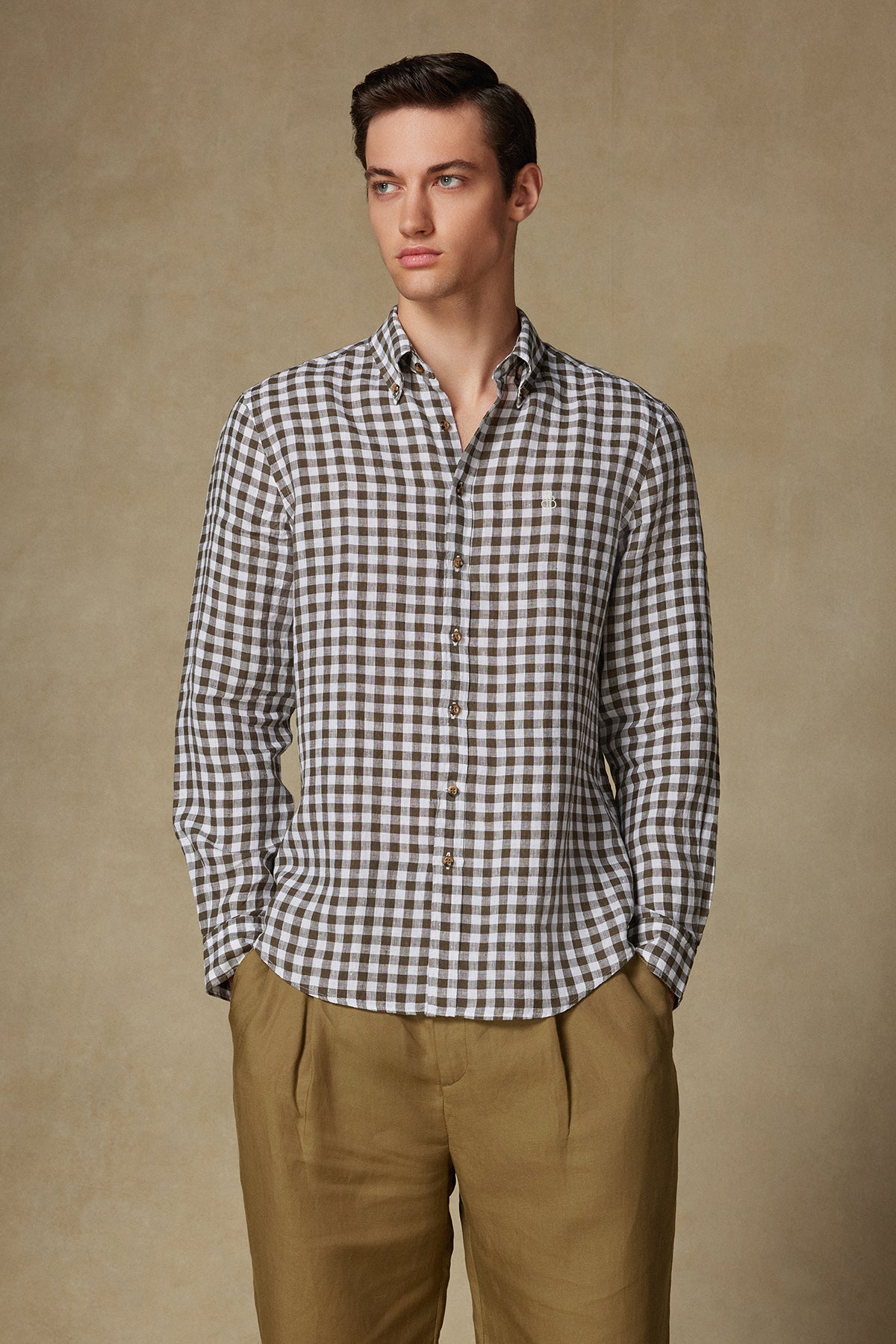 Abbate Sorento Keten Keten Comfort Fit Yeşil Düğmeli Yaka Erkek Kareli Gömlek