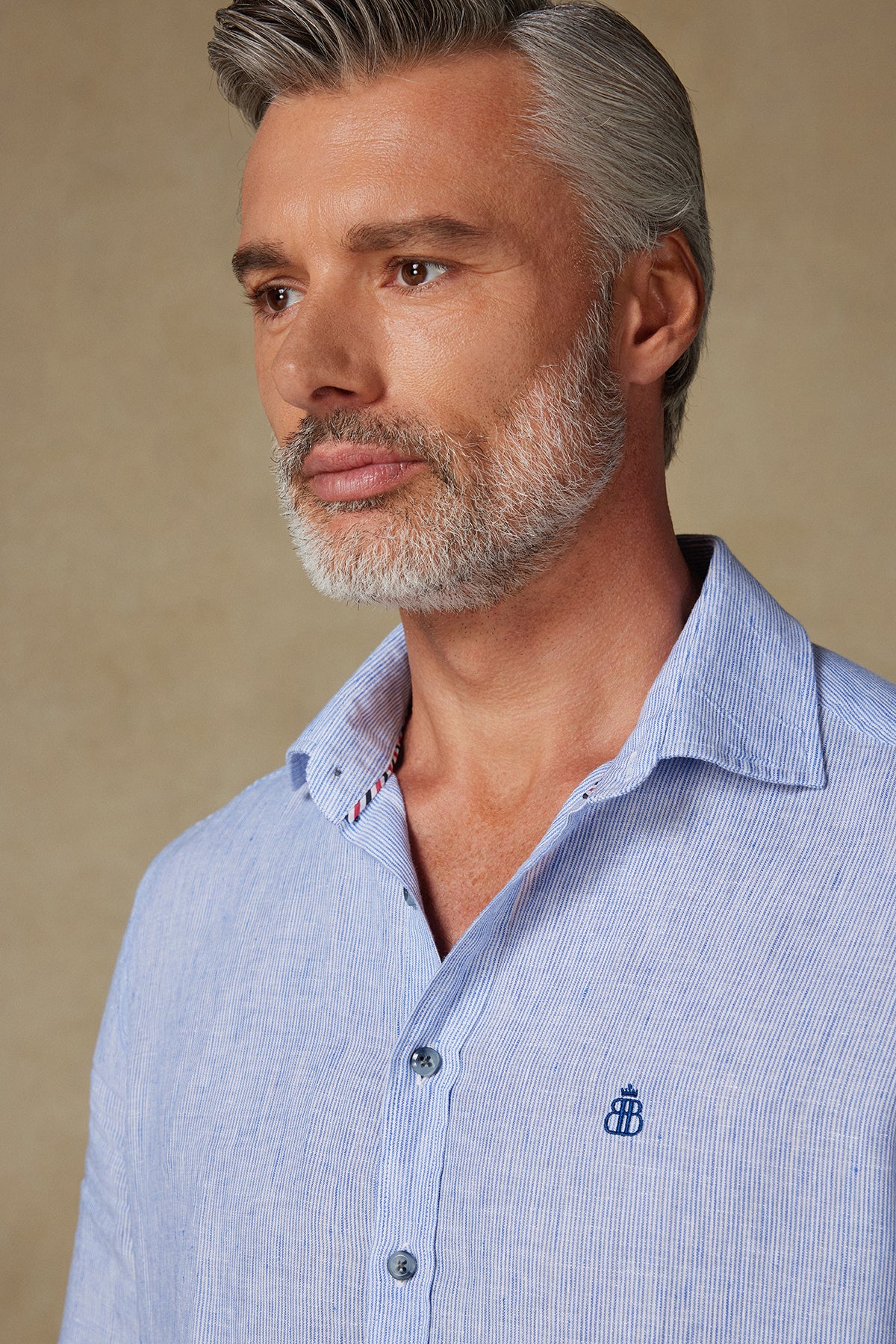 Abbate Lieno Keten Keten Comfort Fit Açık Mavi Klasik Yaka Erkek Çizgili Gömlek