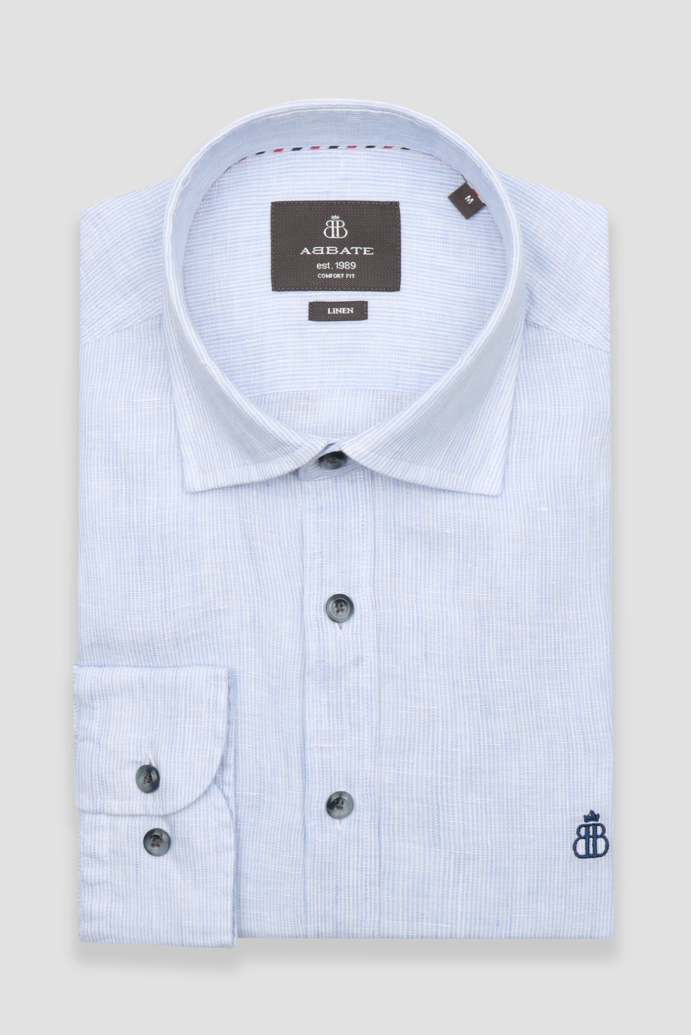 Abbate Lieno Keten Keten Comfort Fit Açık Mavi Klasik Yaka Erkek Çizgili Gömlek