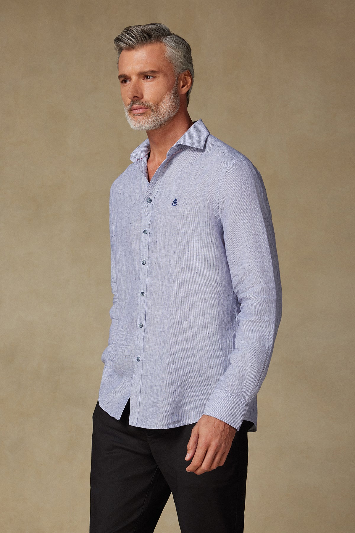 Abbate Lieno Keten Keten Comfort Fit Lacivert Klasik Yaka Erkek Çizgili Gömlek