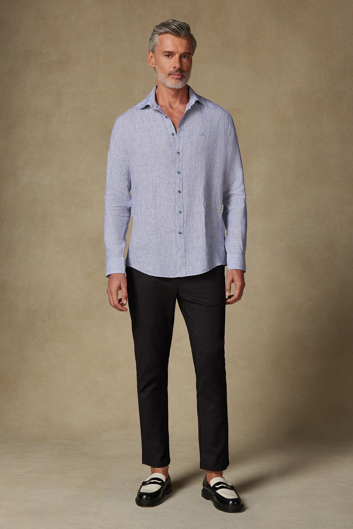 Abbate Lieno Keten Keten Comfort Fit Lacivert Klasik Yaka Erkek Çizgili Gömlek