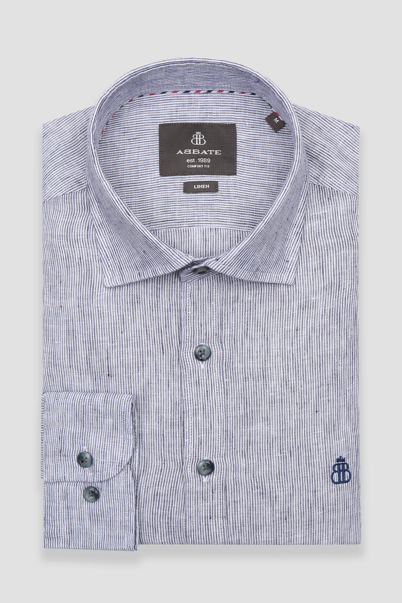 Abbate Lieno Keten Keten Comfort Fit Lacivert Klasik Yaka Erkek Çizgili Gömlek