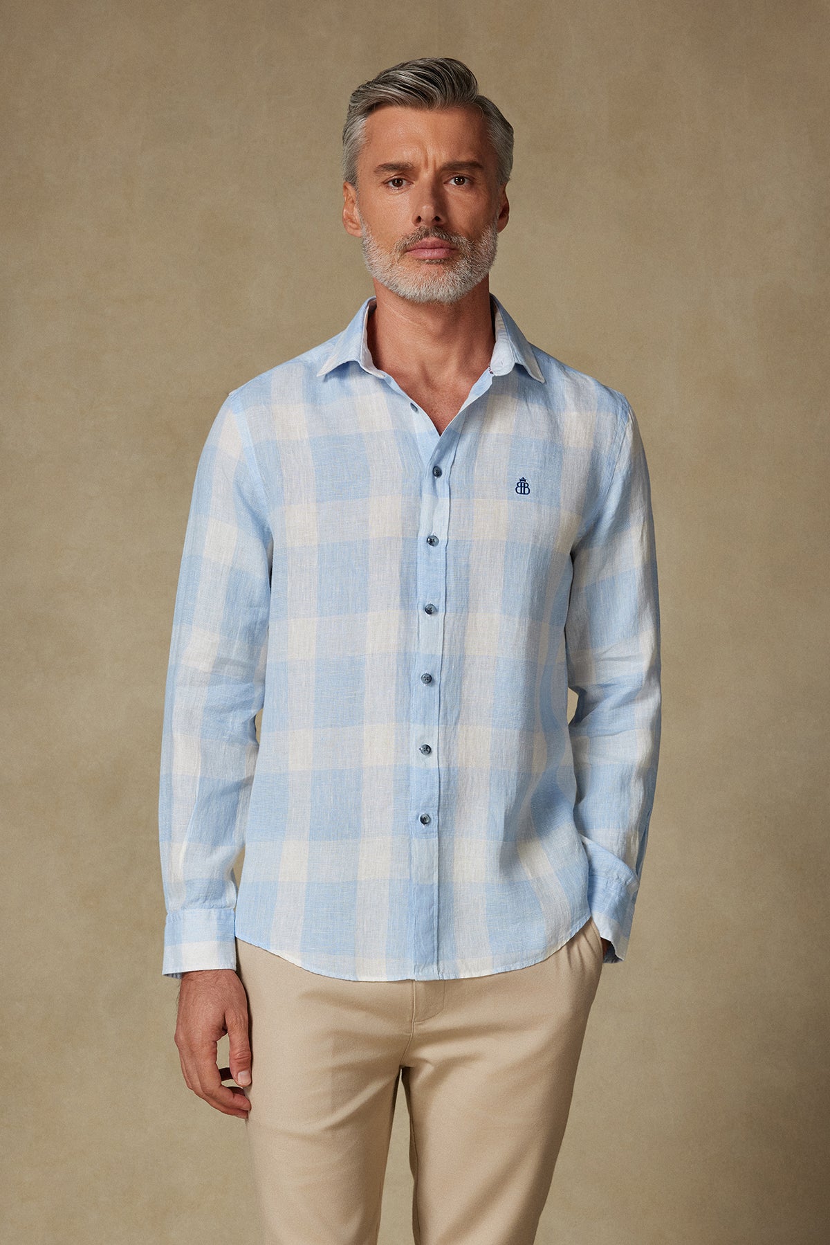 Abbate Lieno Keten Keten Comfort Fit Mavi Klasik Yaka Erkek Kareli Gömlek