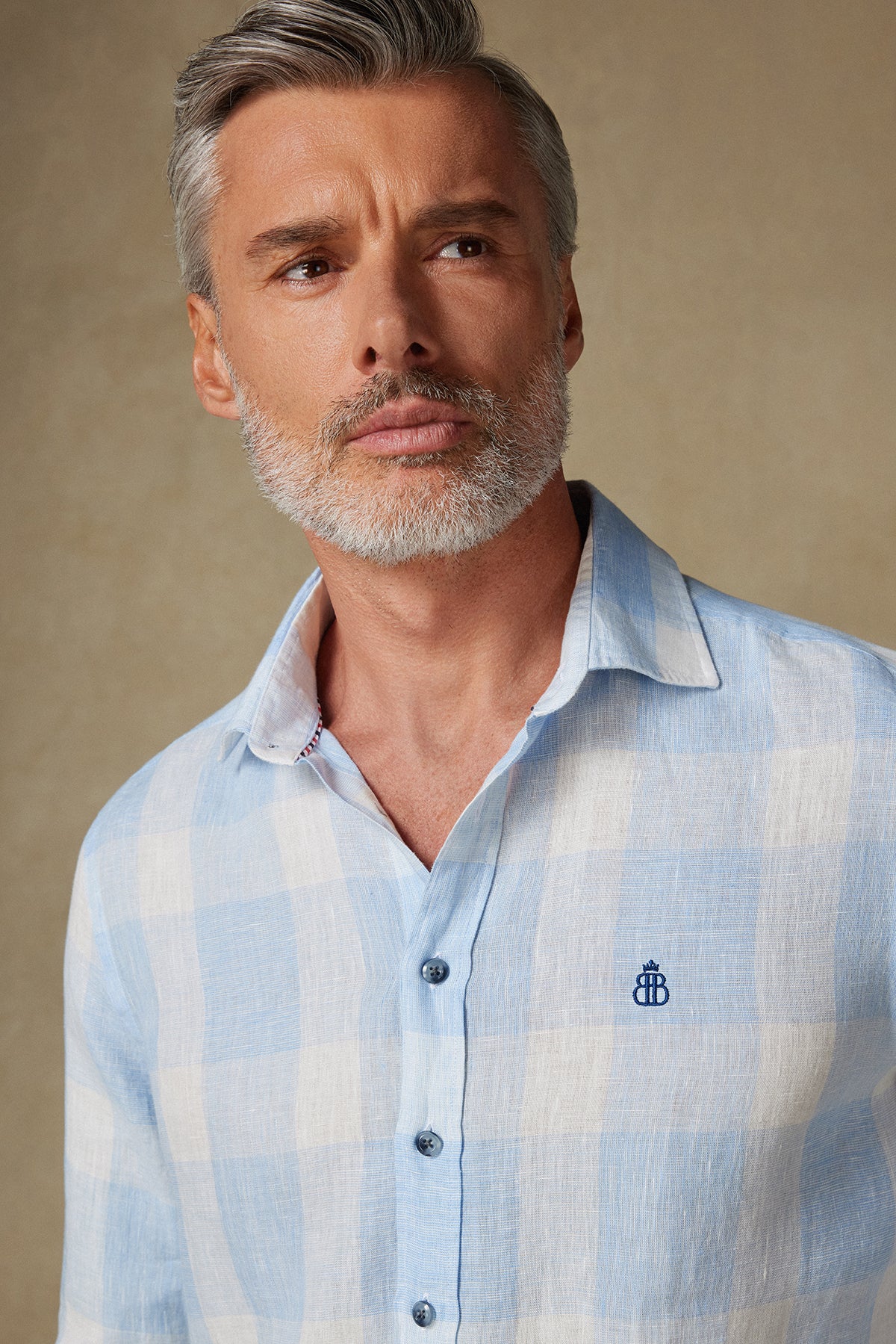 Abbate Lieno Keten Keten Comfort Fit Mavi Klasik Yaka Erkek Kareli Gömlek