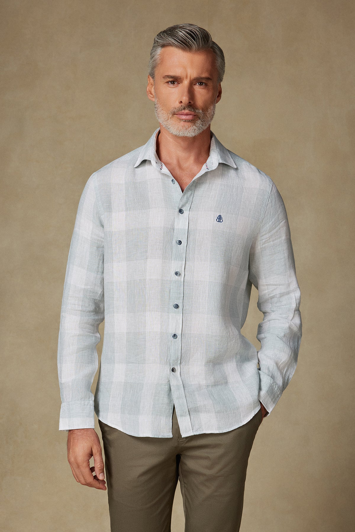 Abbate Lieno Keten Keten Comfort Fit Açık Yeşil Klasik Yaka Erkek Kareli Gömlek