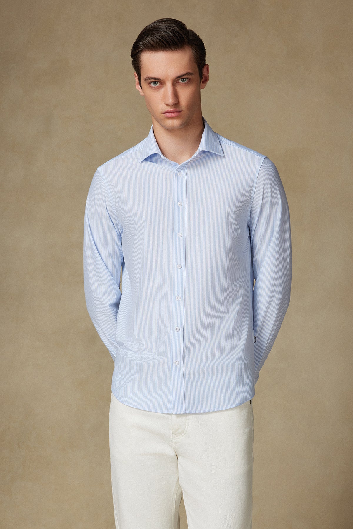 Abbate Floransa Örme Kumaş Pamuk Karışımlı Comfort Fit Açık Mavi Klasik Yaka Erkek Düz Gömlek