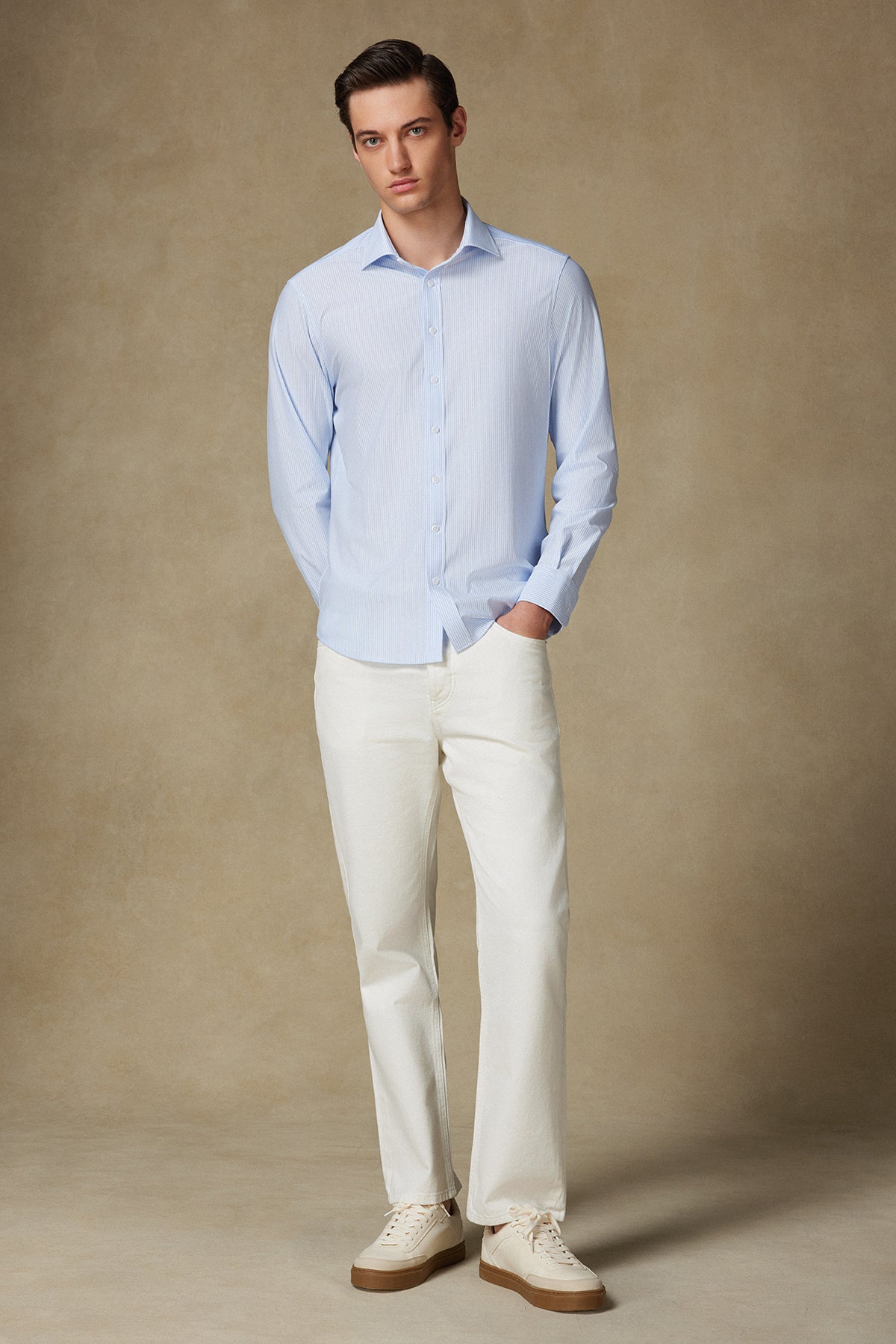 Abbate Floransa Örme Kumaş Pamuk Karışımlı Comfort Fit Açık Mavi Klasik Yaka Erkek Düz Gömlek