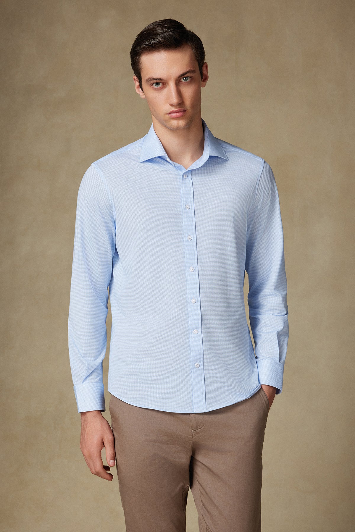 Abbate Floransa Örme Kumaş Pamuk Karışımlı Comfort Fit Açık Mavi Klasik Yaka Erkek Desenli Gömlek