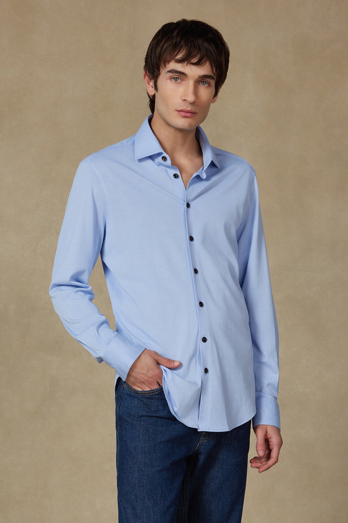 Abbate Floransa Örme Rayon Karışımlı Comfort Fit Açık Mavi Klasik Yaka Erkek Düz Gömlek
