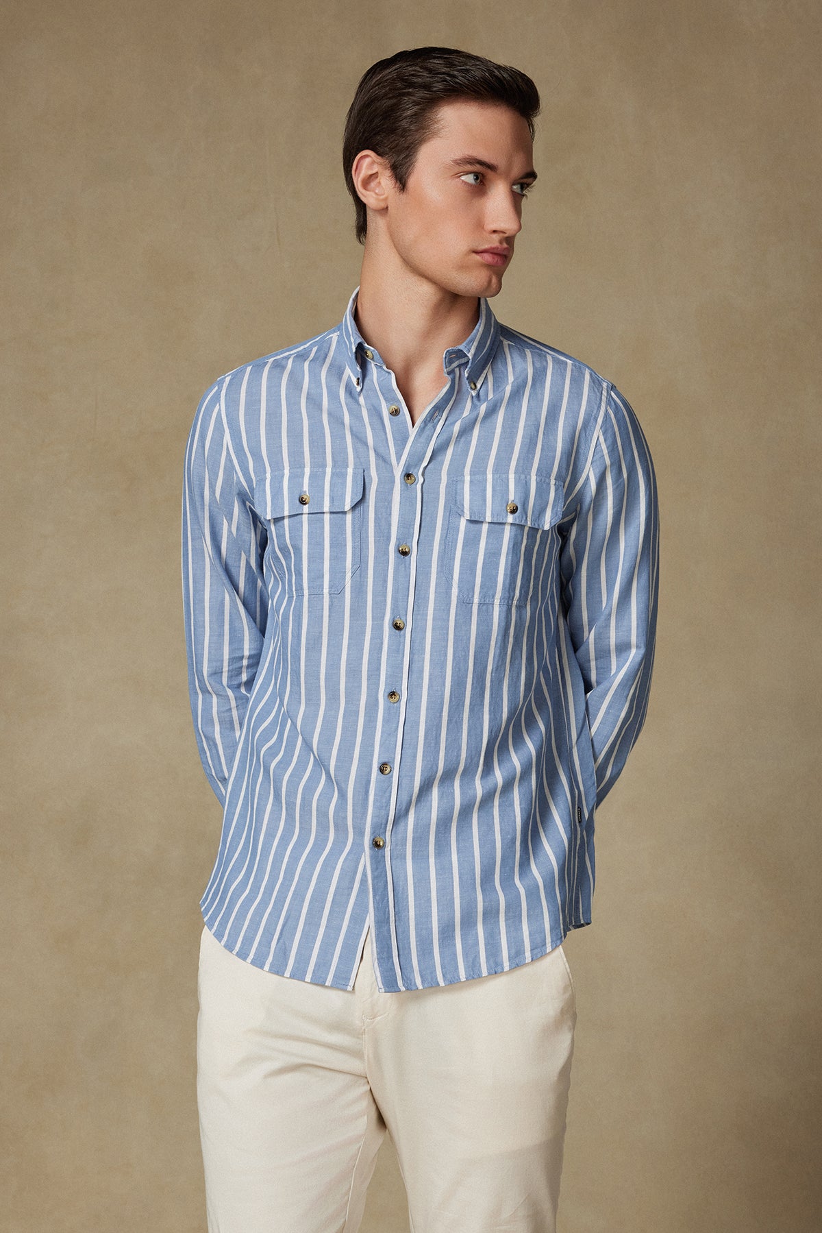 Abbate Alba Keten Pamuk Keten Karışımlı Comfort Fit Mavi Düğmeli Yaka Erkek Çizgili Gömlek
