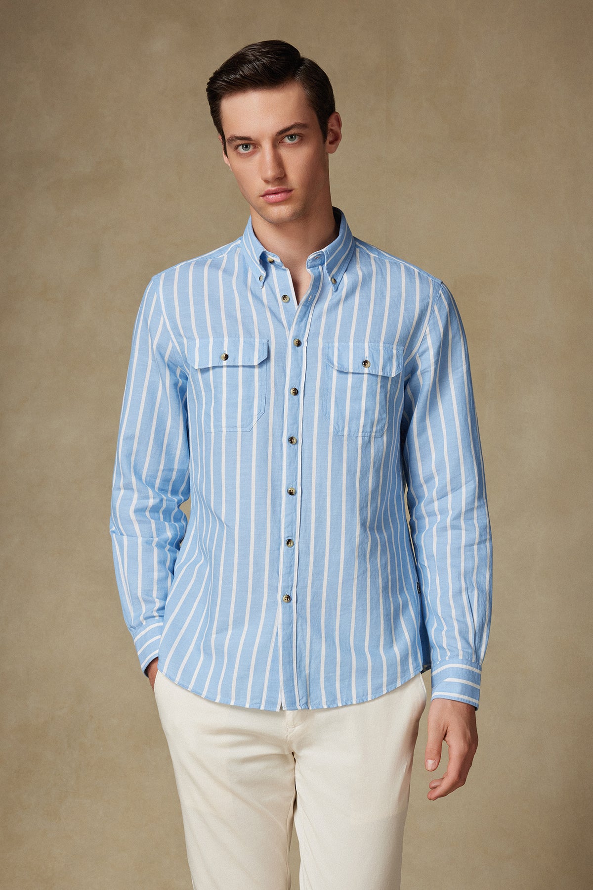 Abbate Alba Keten Pamuk Keten Karışımlı Comfort Fit Koyu Mavi Düğmeli Yaka Erkek Çizgili Gömlek