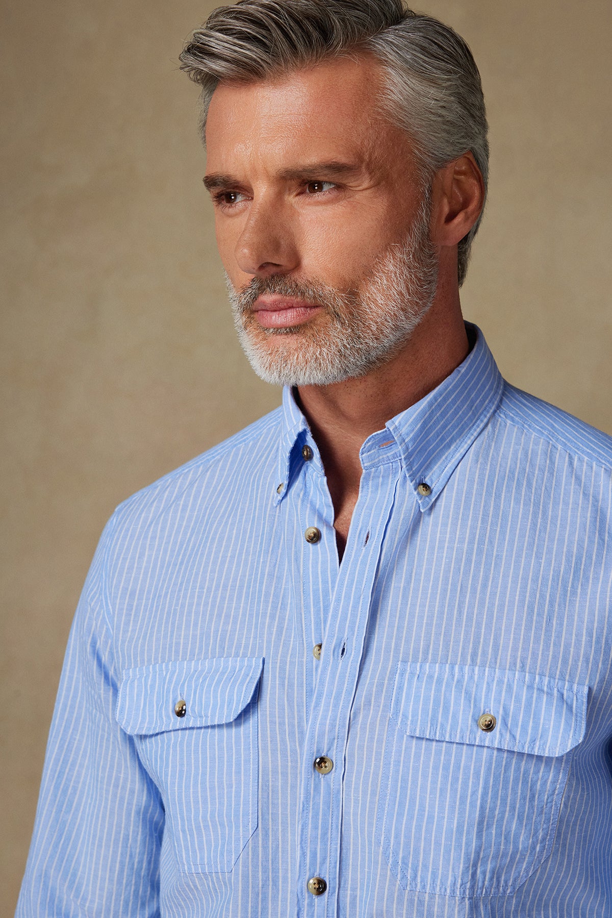 Abbate Alba Keten Pamuk Keten Karışımlı Comfort Fit Mavi Düğmeli Yaka Erkek Çizgili Gömlek