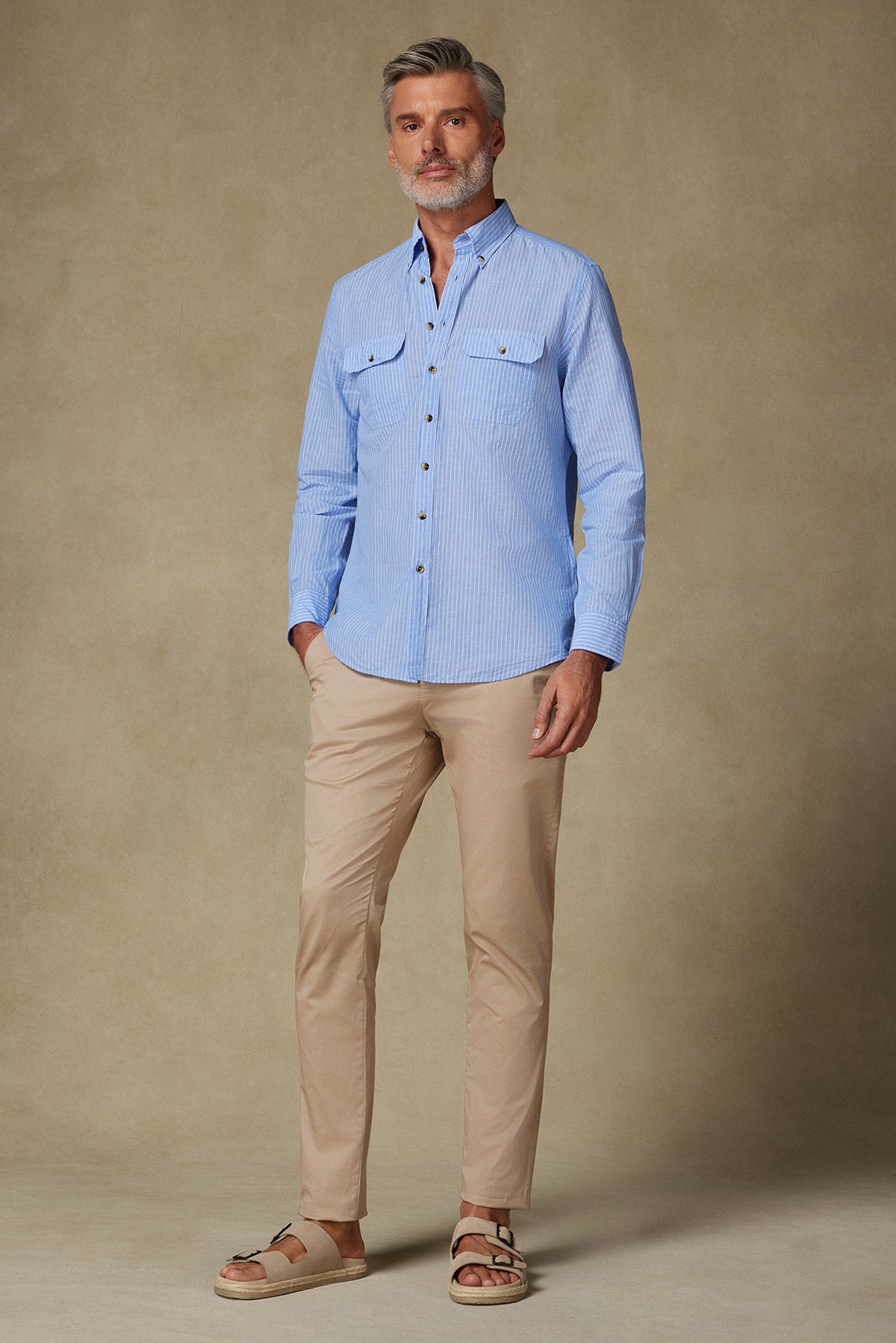 Abbate Alba Keten Pamuk Keten Karışımlı Comfort Fit Mavi Düğmeli Yaka Erkek Çizgili Gömlek