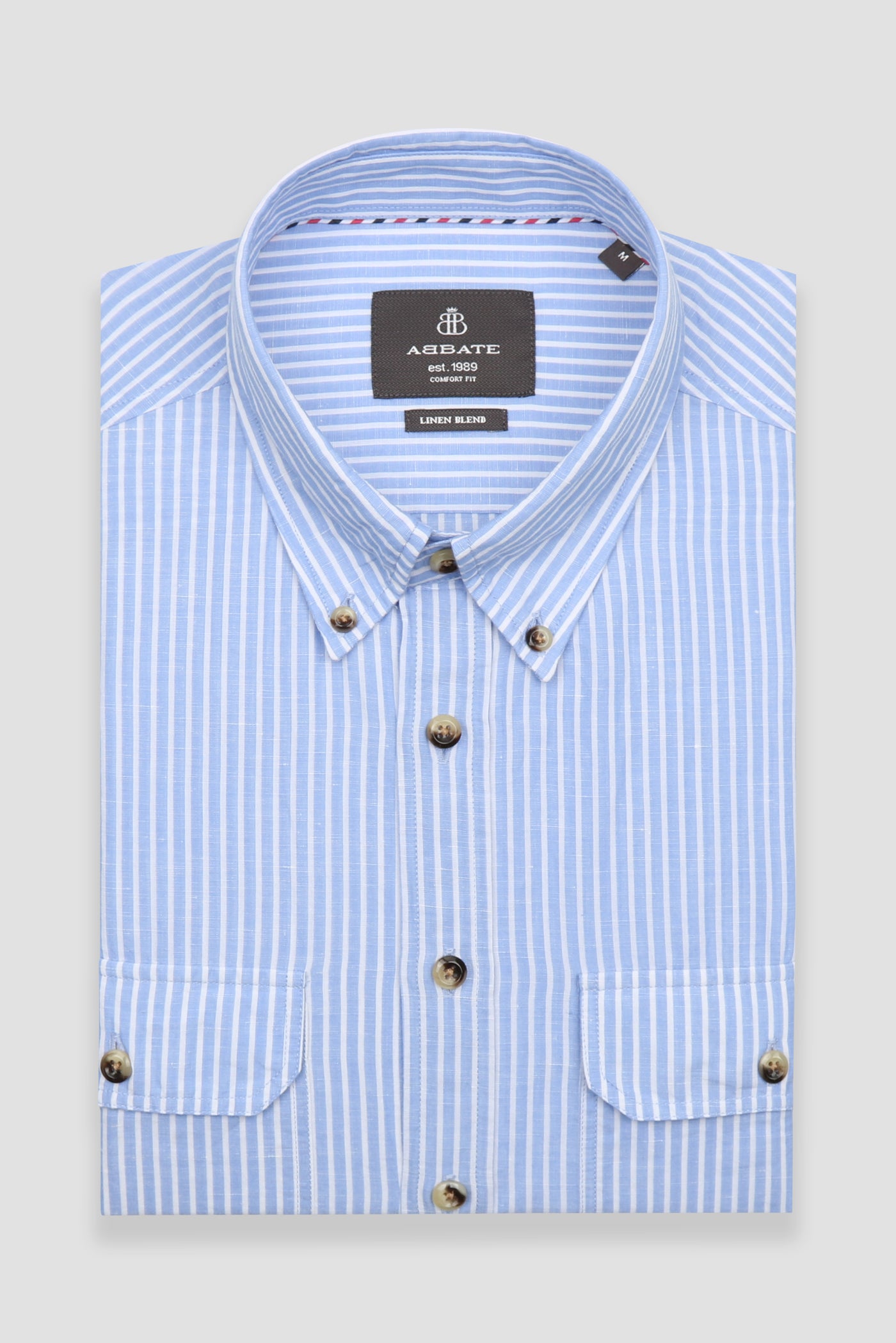 Abbate Alba Keten Pamuk Keten Karışımlı Comfort Fit Mavi Düğmeli Yaka Erkek Çizgili Gömlek