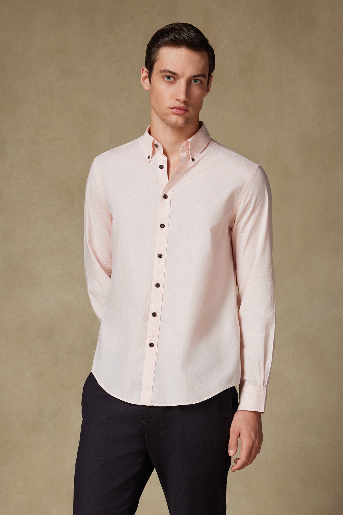 Abbate Mario Poplin Pamuklu Comfort Fit Pembe Düğmeli Yaka Erkek Düz Gömlek