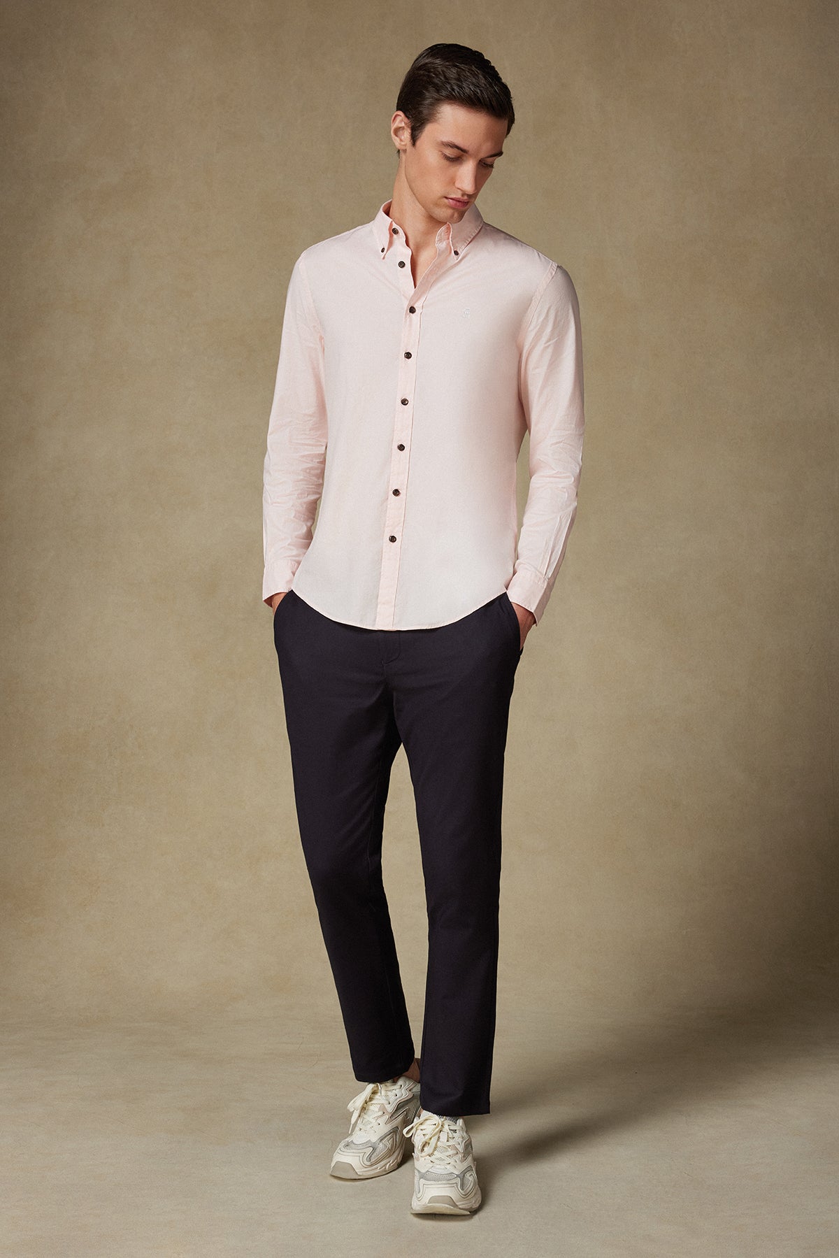 Abbate Mario Poplin Pamuklu Comfort Fit Pembe Düğmeli Yaka Erkek Düz Gömlek