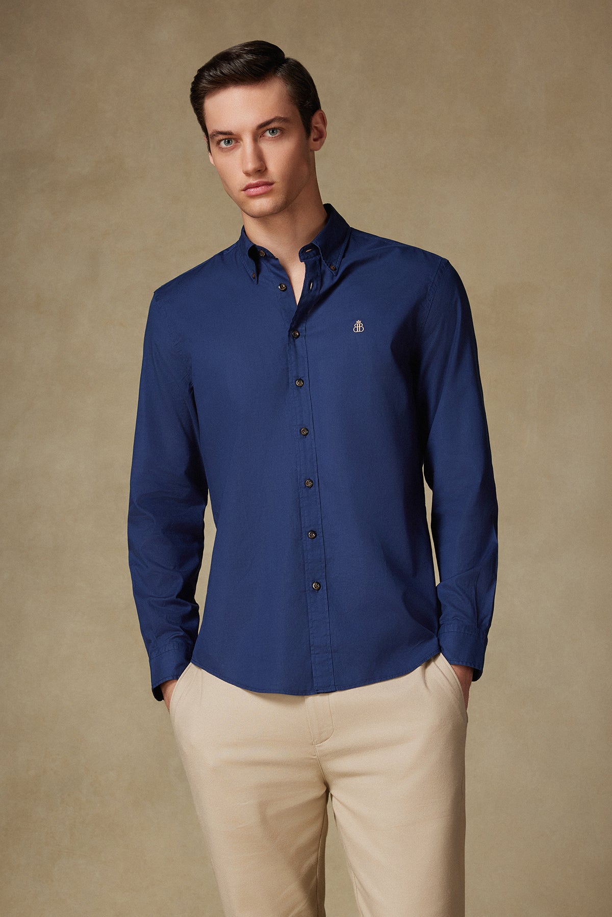 Abbate Mario Poplin Pamuklu Comfort Fit Lacivert Düğmeli Yaka Erkek Düz Gömlek