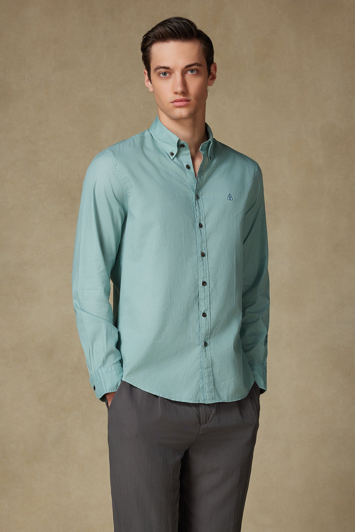 Abbate Mario Poplin Pamuklu Comfort Fit Açık Yeşil Düğmeli Yaka Erkek Düz Gömlek