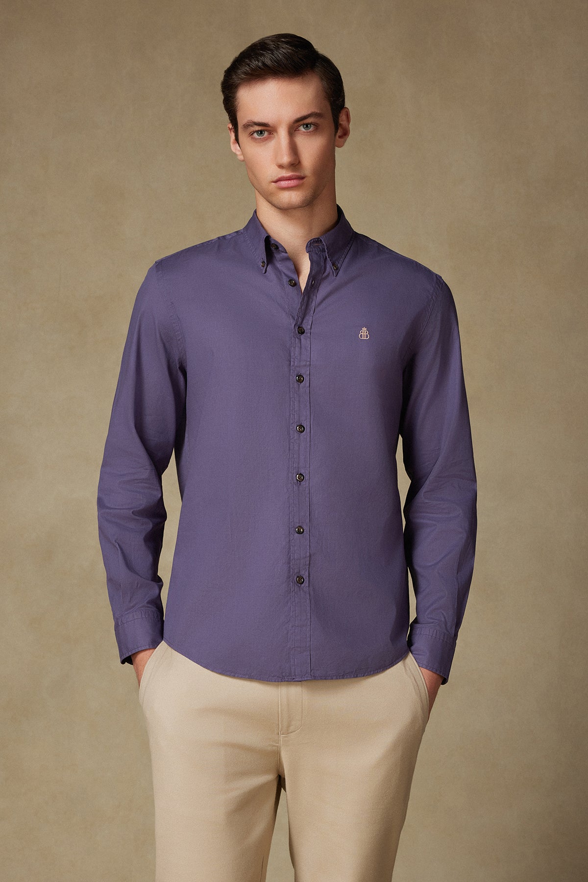 Abbate Mario Poplin Pamuklu Comfort Fit Mürdüm Düğmeli Yaka Erkek Düz Gömlek