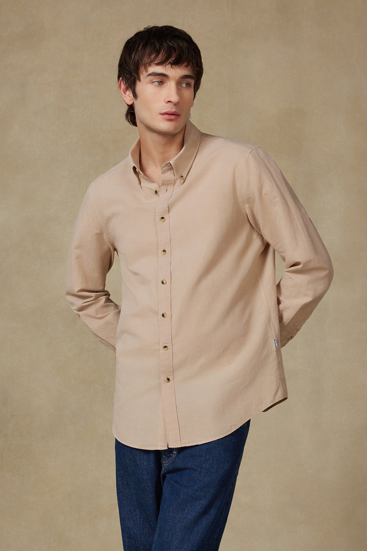 Abbate Mario Keten Pamuk Keten Karışımlı Comfort Fit Bej Düğmeli Yaka Erkek Düz Gömlek