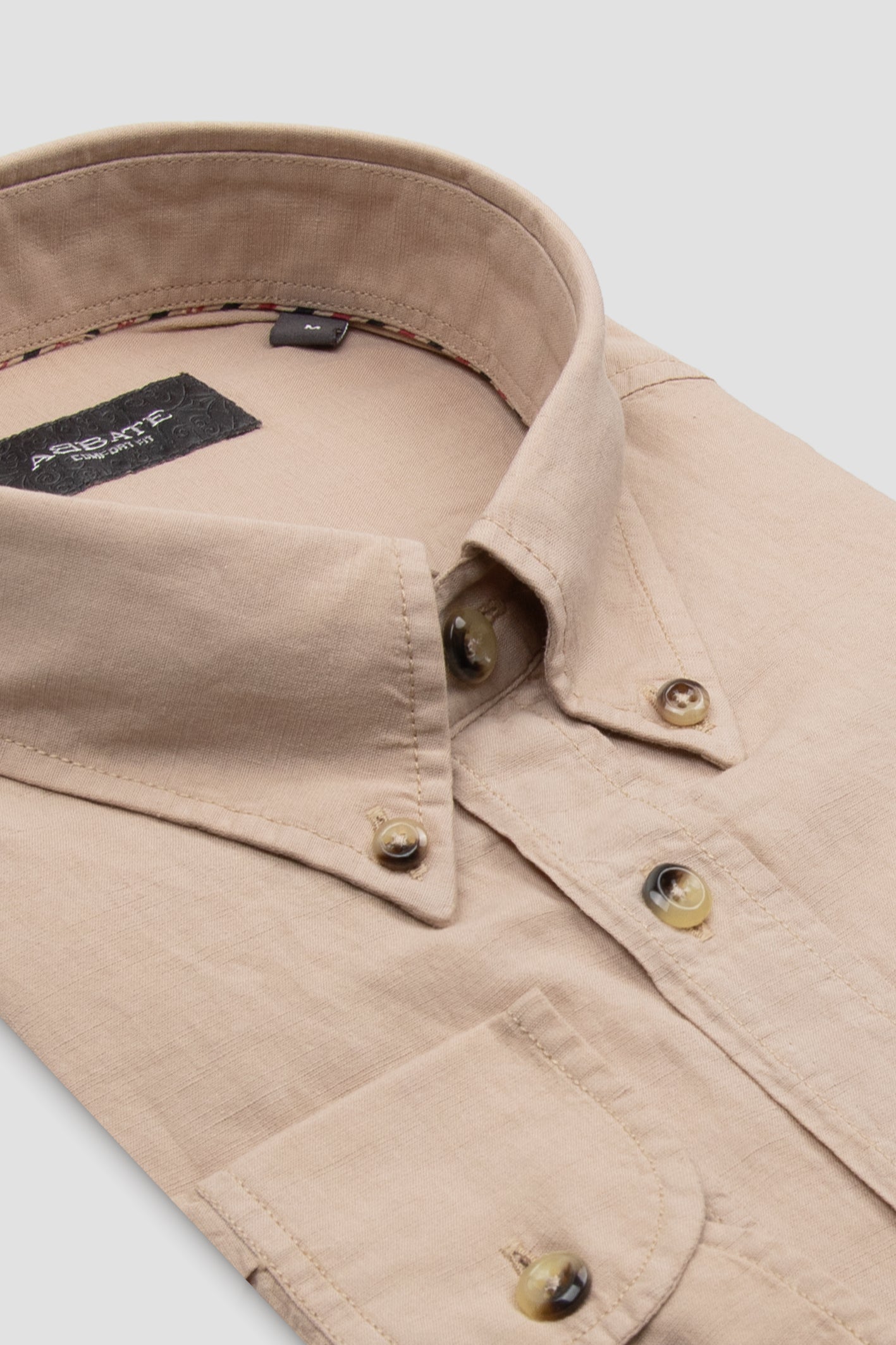 Abbate Mario Keten Pamuk Keten Karışımlı Comfort Fit Bej Düğmeli Yaka Erkek Düz Gömlek