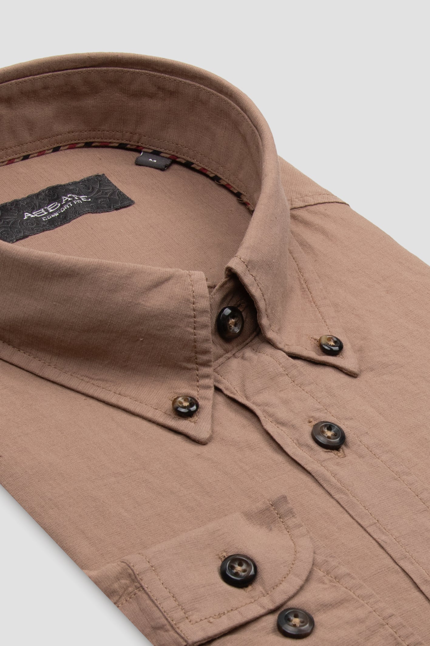 Abbate Mario Keten Pamuk Keten Karışımlı Comfort Fit Koyu Bej Düğmeli Yaka Erkek Düz Gömlek