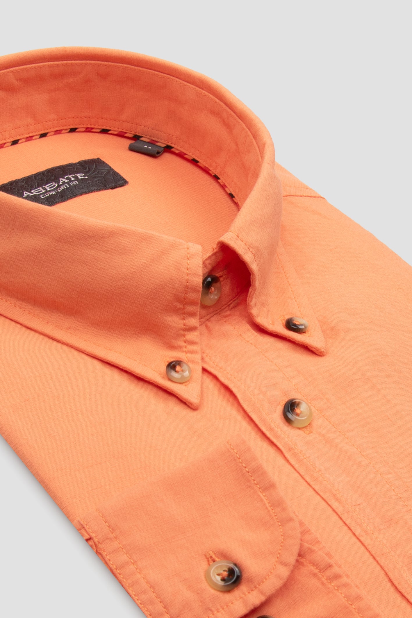 Abbate Mario Keten Pamuk Keten Karışımlı Comfort Fit Turuncu Düğmeli Yaka Erkek Düz Gömlek