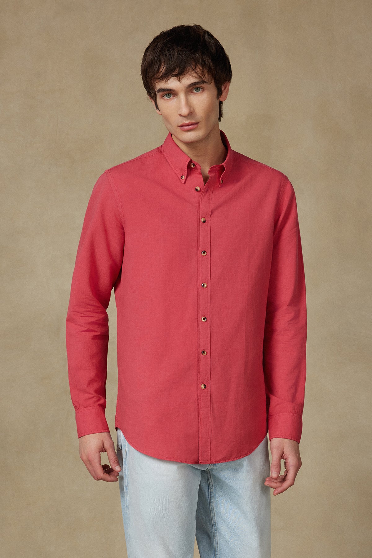 Abbate Mario Keten Pamuk Keten Karışımlı Comfort Fit Pembe Düğmeli Yaka Erkek Düz Gömlek