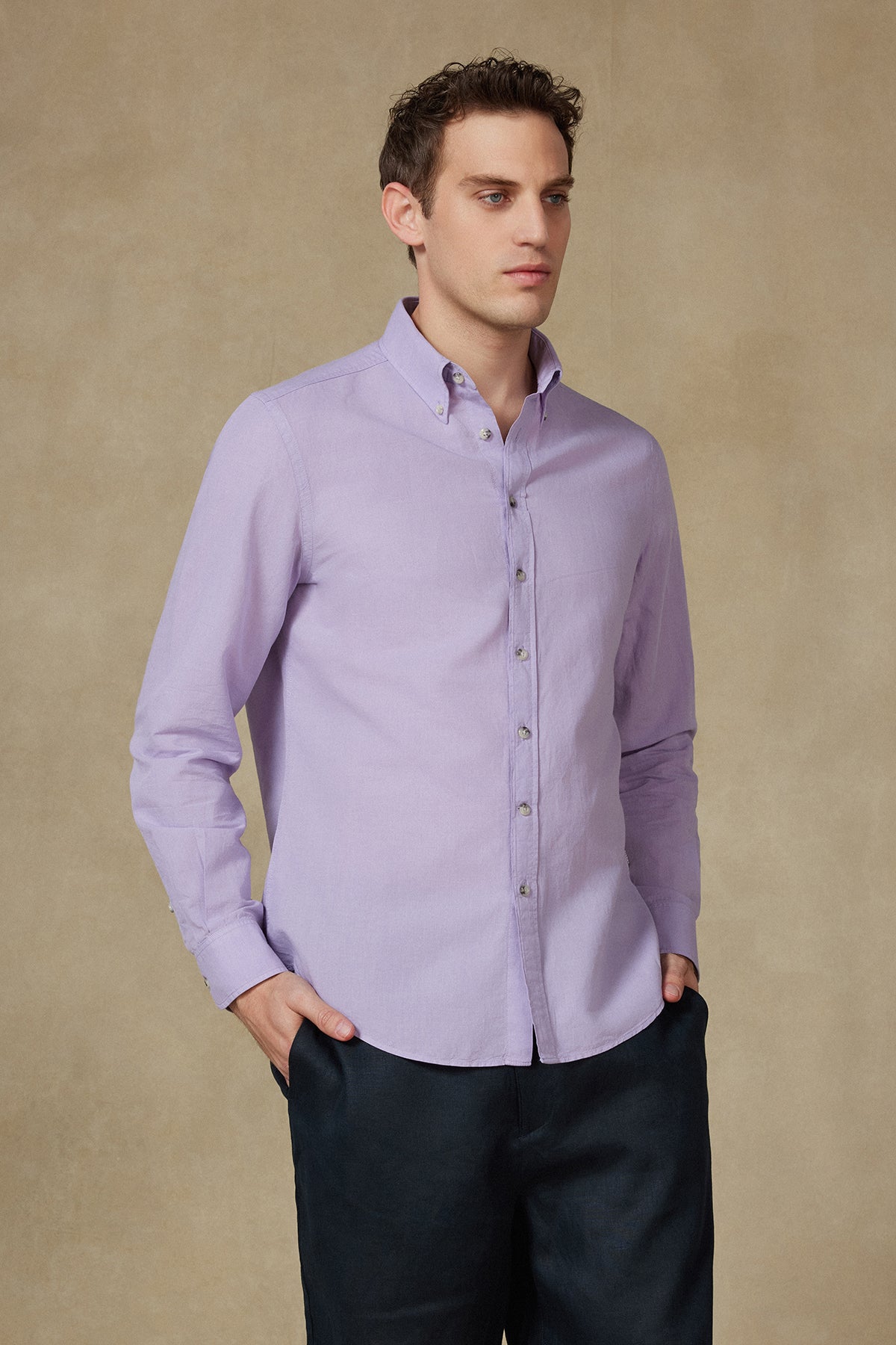 Abbate Mario Keten Pamuk Keten Karışımlı Comfort Fit Mor Düğmeli Yaka Erkek Düz Gömlek