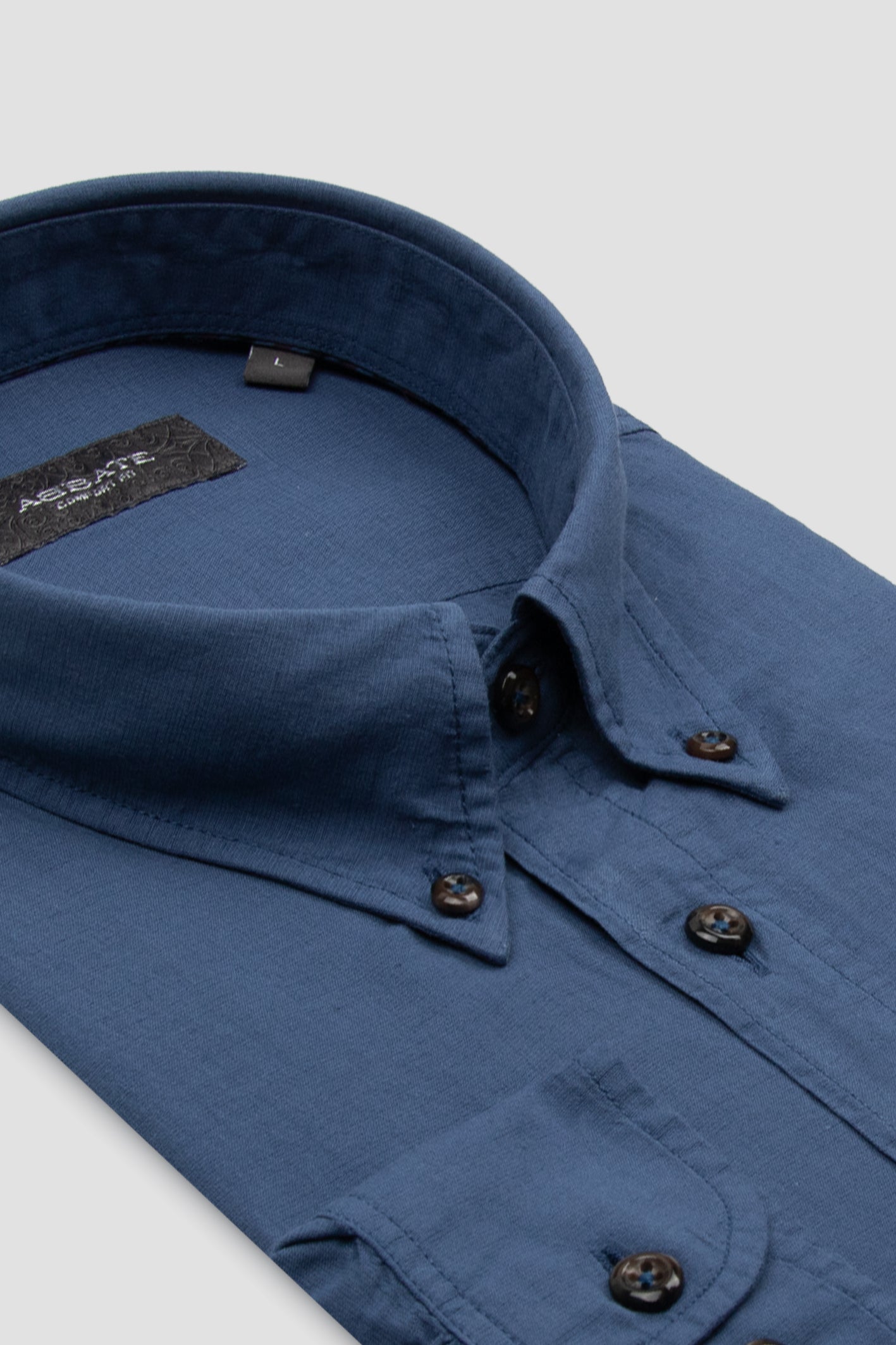 Abbate Mario Keten Pamuk Keten Karışımlı Comfort Fit İndigo Düğmeli Yaka Erkek Düz Gömlek