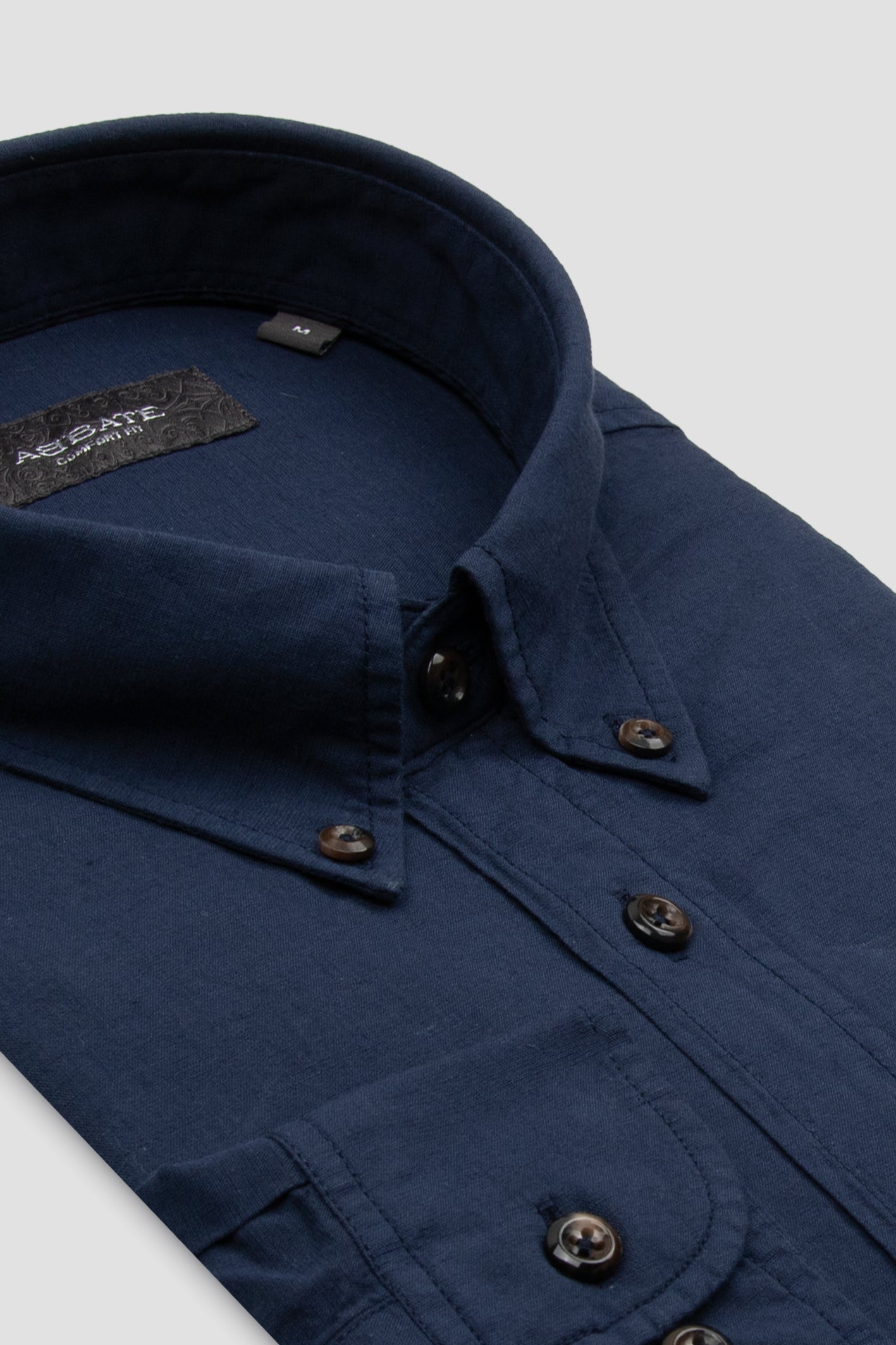Abbate Mario Keten Pamuk Keten Karışımlı Comfort Fit Lacivert Düğmeli Yaka Erkek Düz Gömlek