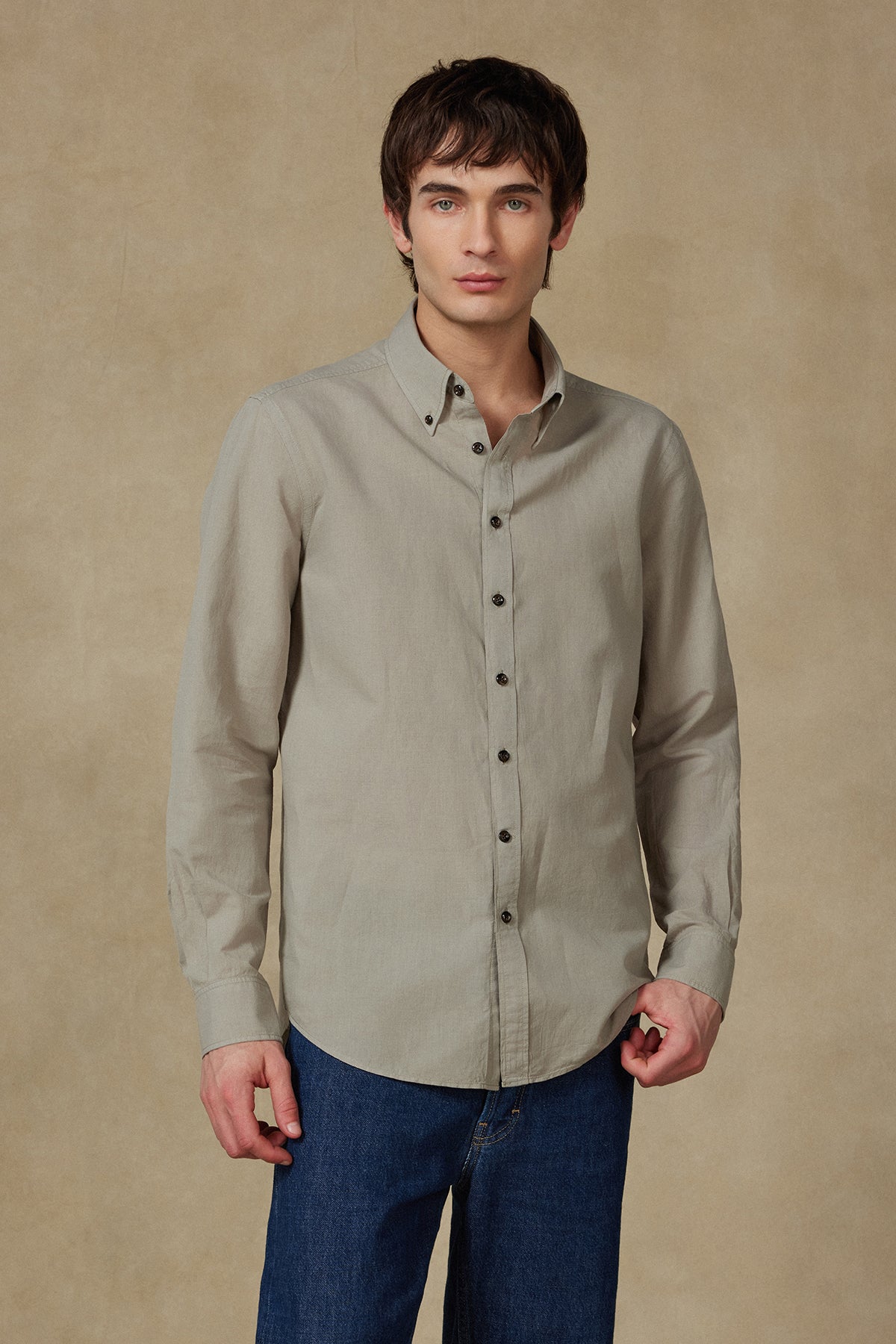 Abbate Mario Keten Pamuk Keten Karışımlı Comfort Fit Yeşil Düğmeli Yaka Erkek Düz Gömlek