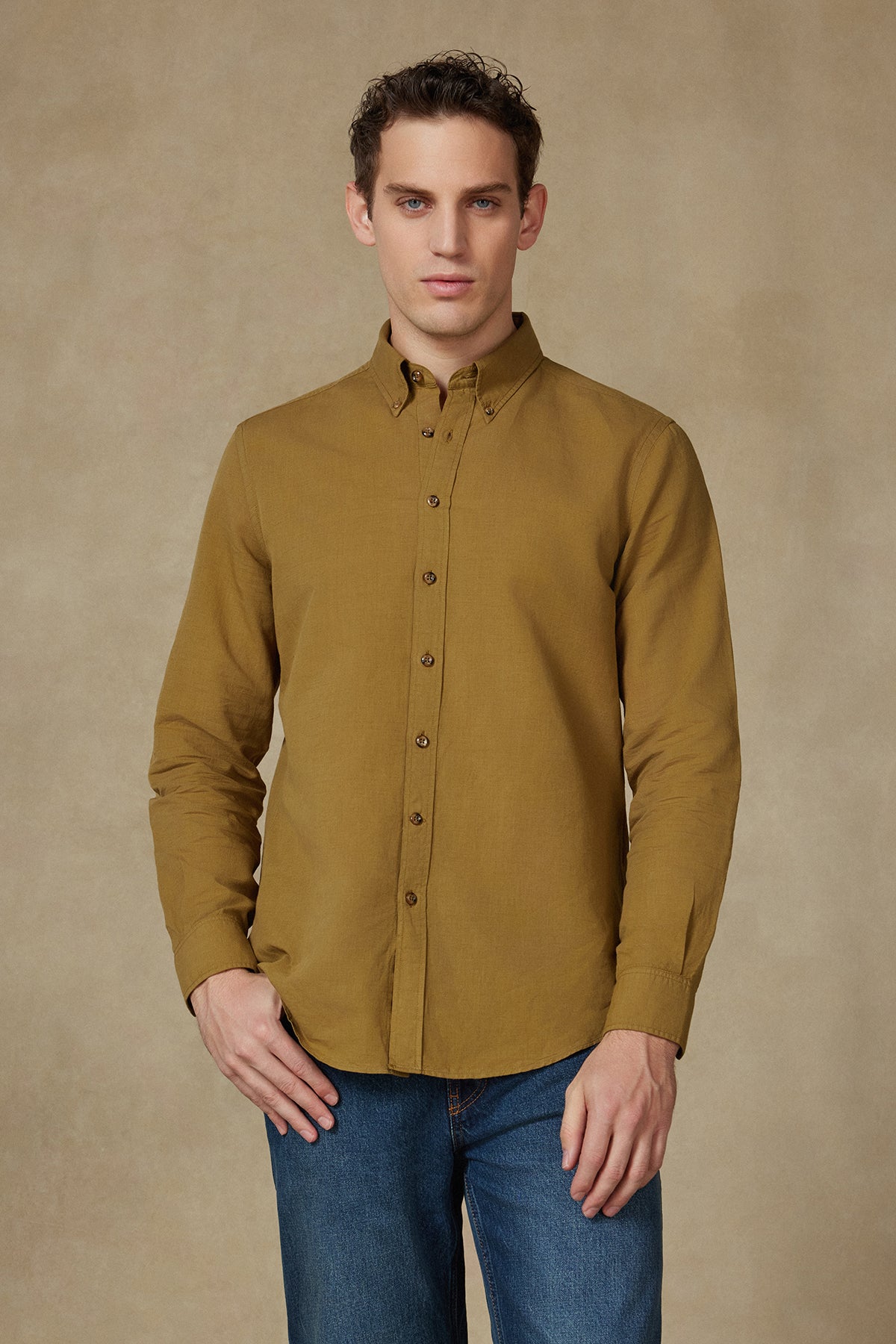 Abbate Mario Keten Pamuk Keten Karışımlı Comfort Fit Haki Düğmeli Yaka Erkek Düz Gömlek