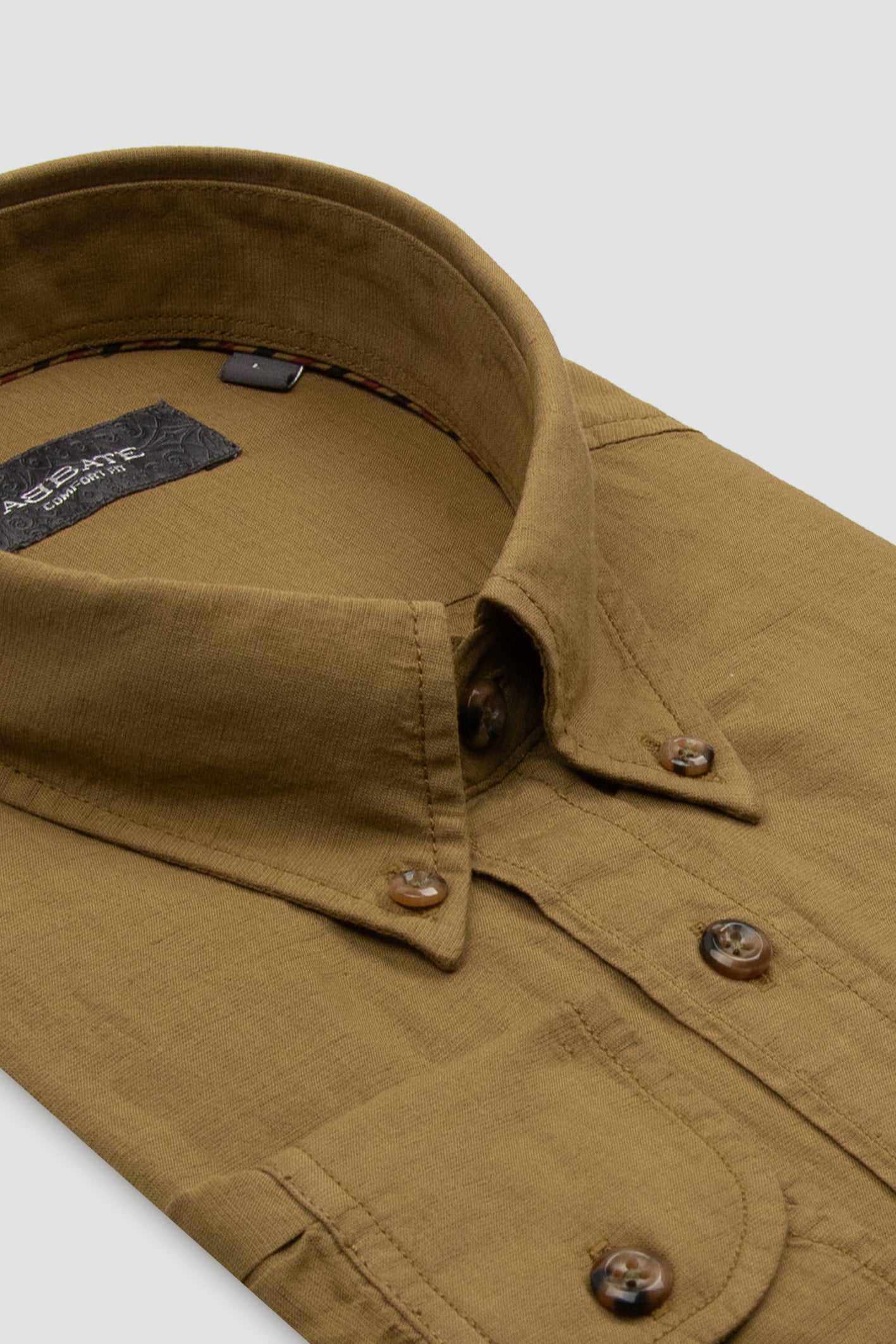Abbate Mario Keten Pamuk Keten Karışımlı Comfort Fit Haki Düğmeli Yaka Erkek Düz Gömlek