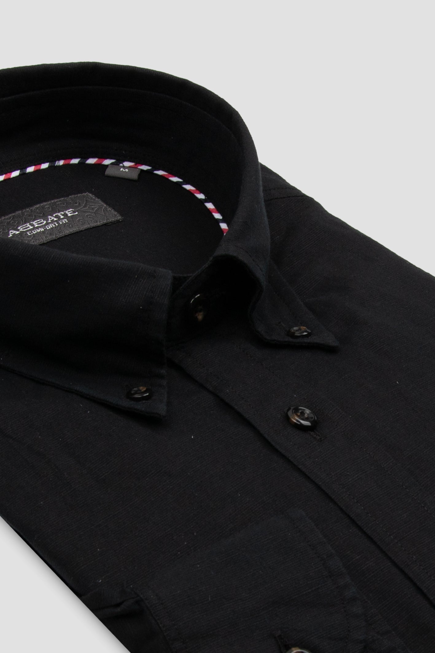 Abbate Mario Keten Pamuk Keten Karışımlı Comfort Fit Siyah Düğmeli Yaka Erkek Düz Gömlek