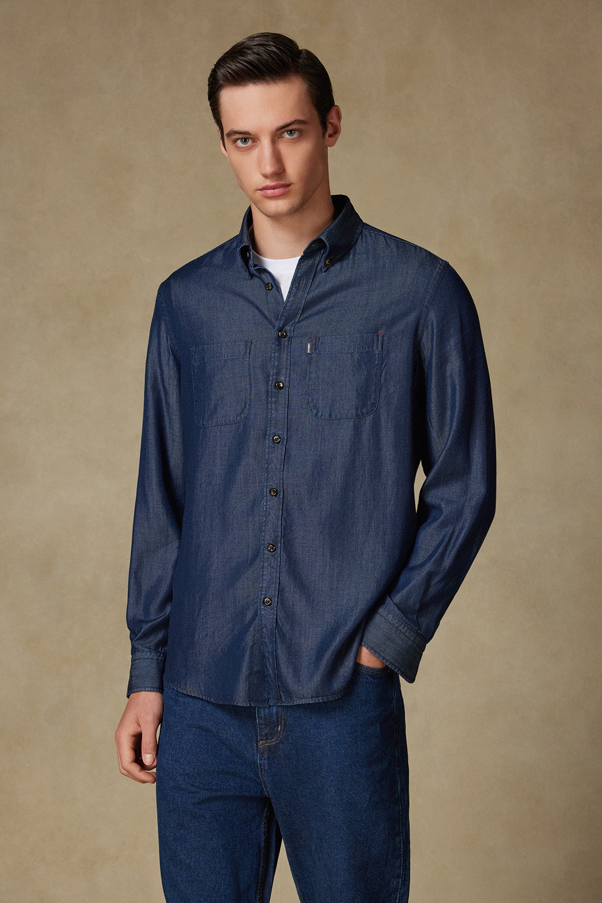 Abbate Gino Denim Liyosel Comfort Fit Lacivert Düğmeli Yaka Erkek Düz Gömlek