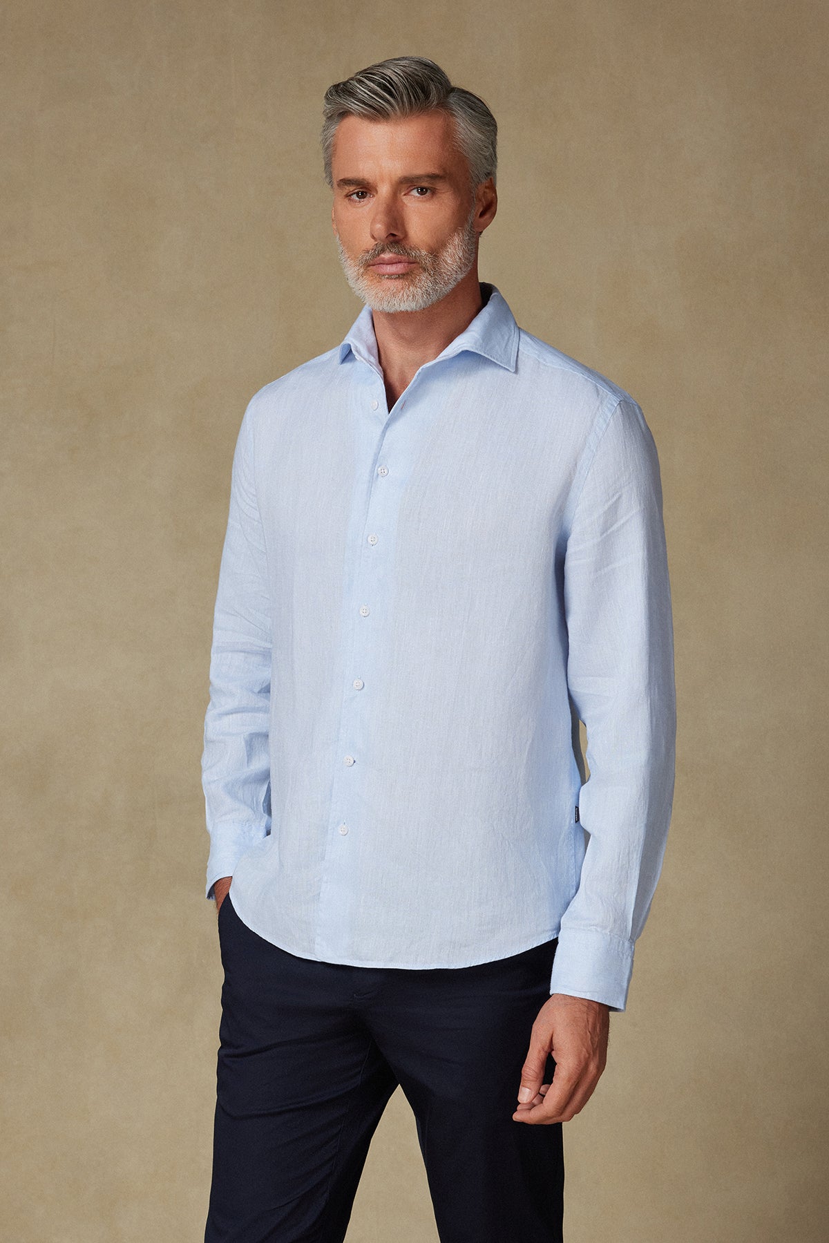 Abbate Bella Keten Keten Comfort Fit Açık Mavi Mostra Yaka Erkek Düz Gömlek