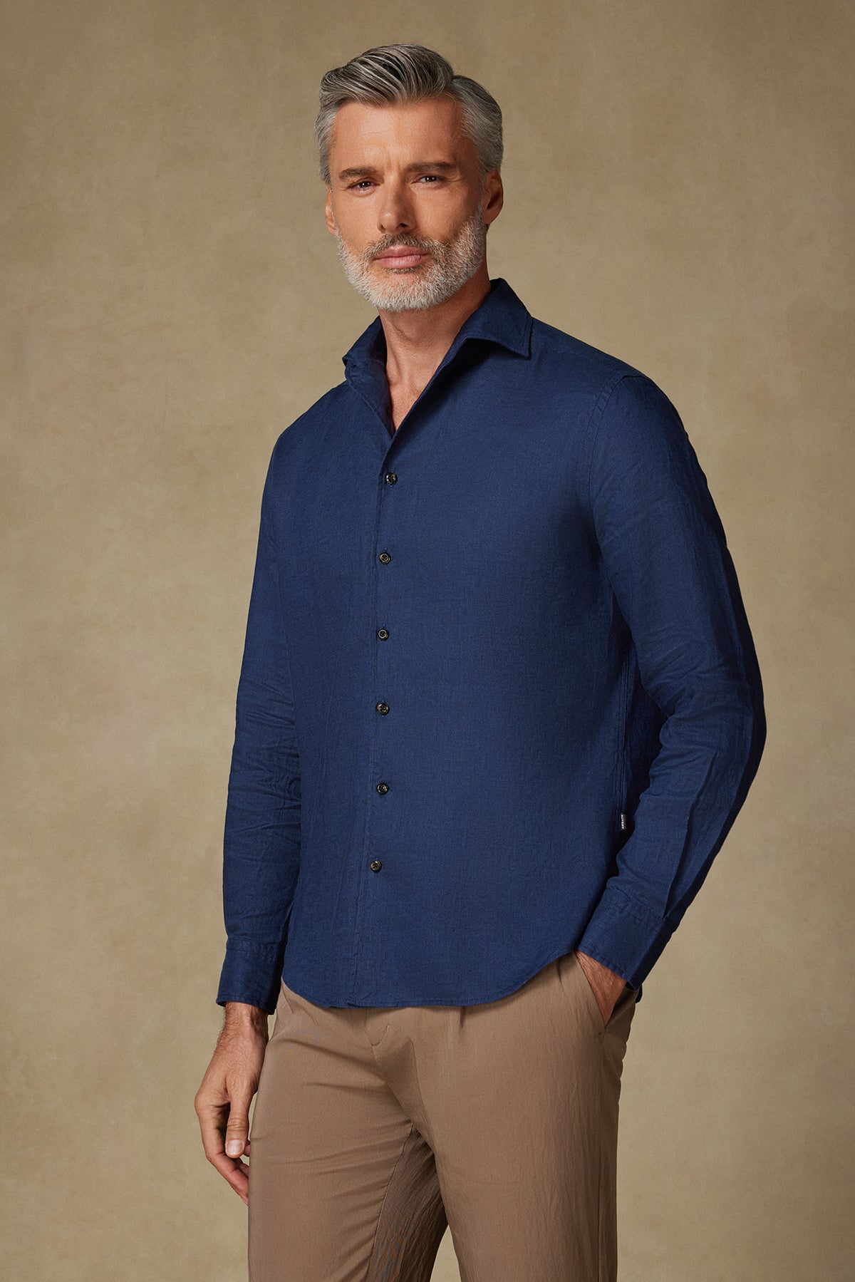 Abbate Bella Keten Keten Comfort Fit Lacivert Mostra Yaka Erkek Düz Gömlek