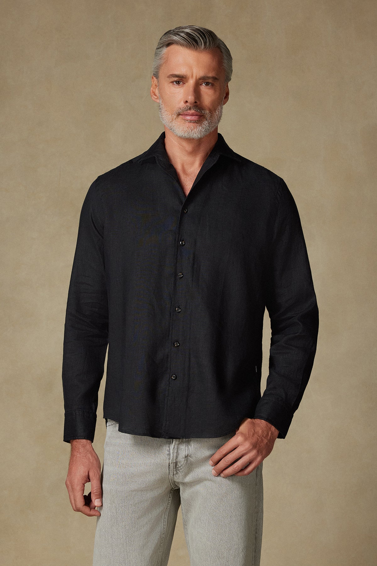 Abbate Bella Keten Keten Comfort Fit Siyah Mostra Yaka Erkek Düz Gömlek