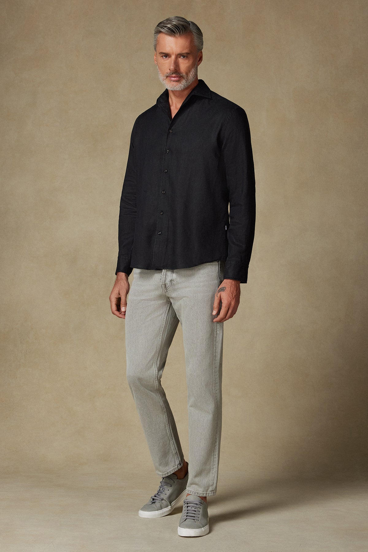 Abbate Bella Keten Keten Comfort Fit Siyah Mostra Yaka Erkek Düz Gömlek