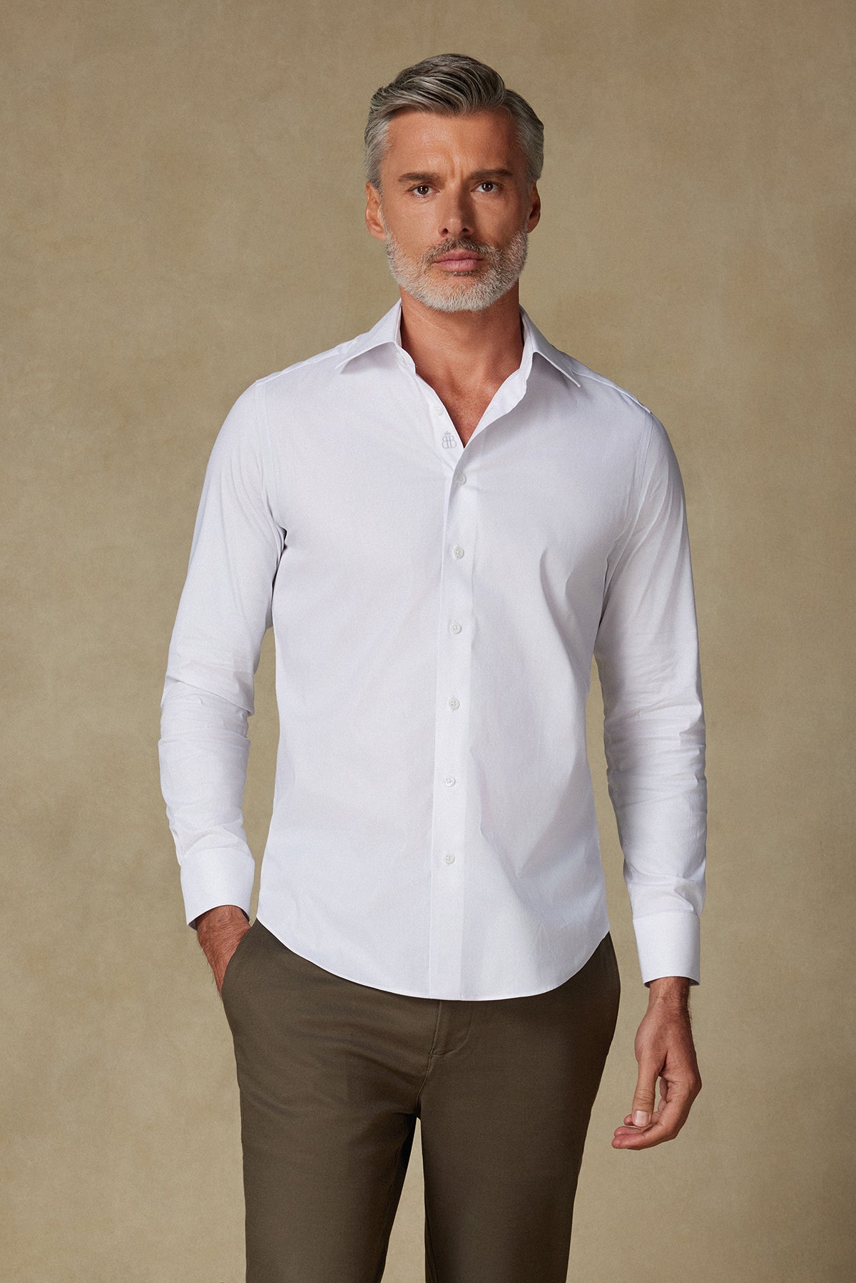 Abbate Sartoria Poplin Stretch Pamuk Karışımlı Slim Fit Beyaz İtalyan Yaka Erkek Düz Gömlek