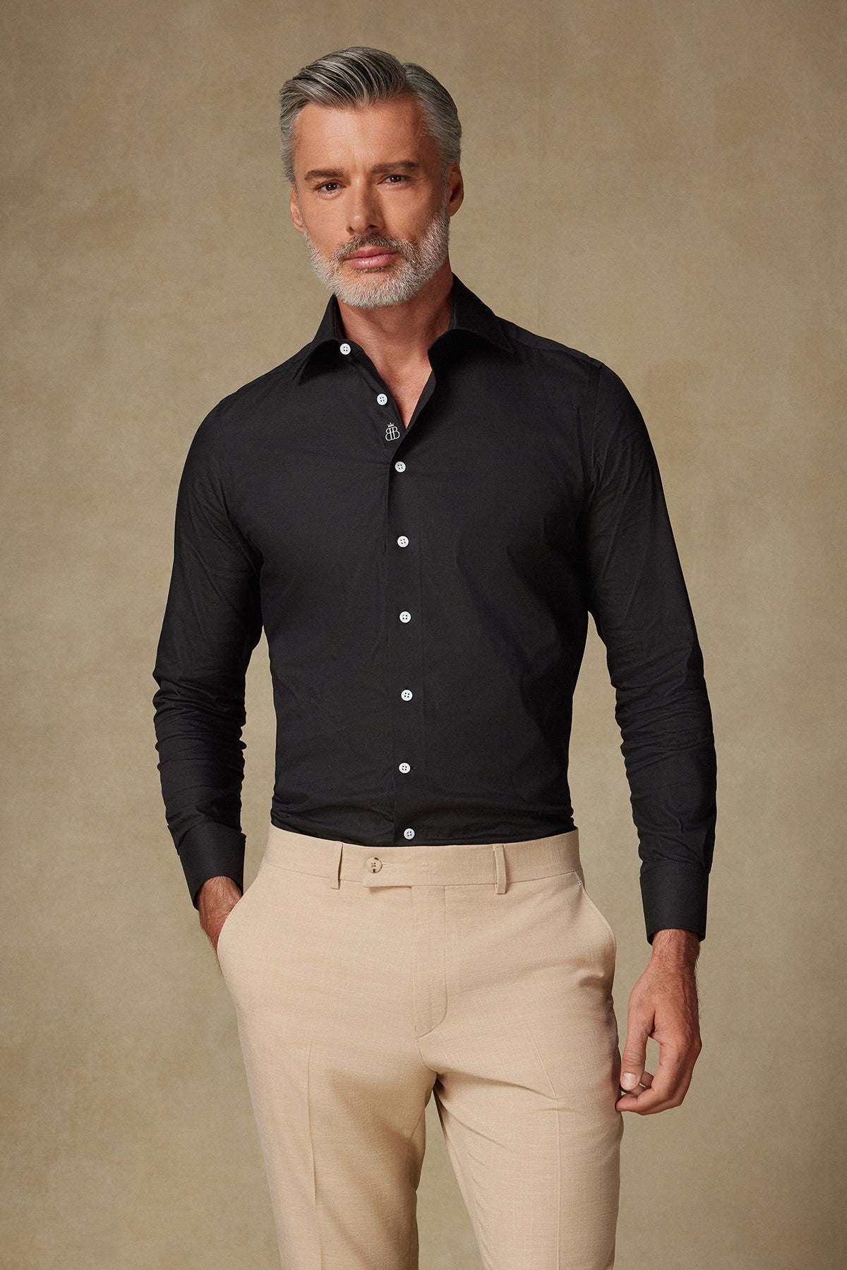 Abbate Sartoria Poplin Stretch Pamuk Karışımlı Slim Fit Siyah İtalyan Yaka Erkek Düz Gömlek