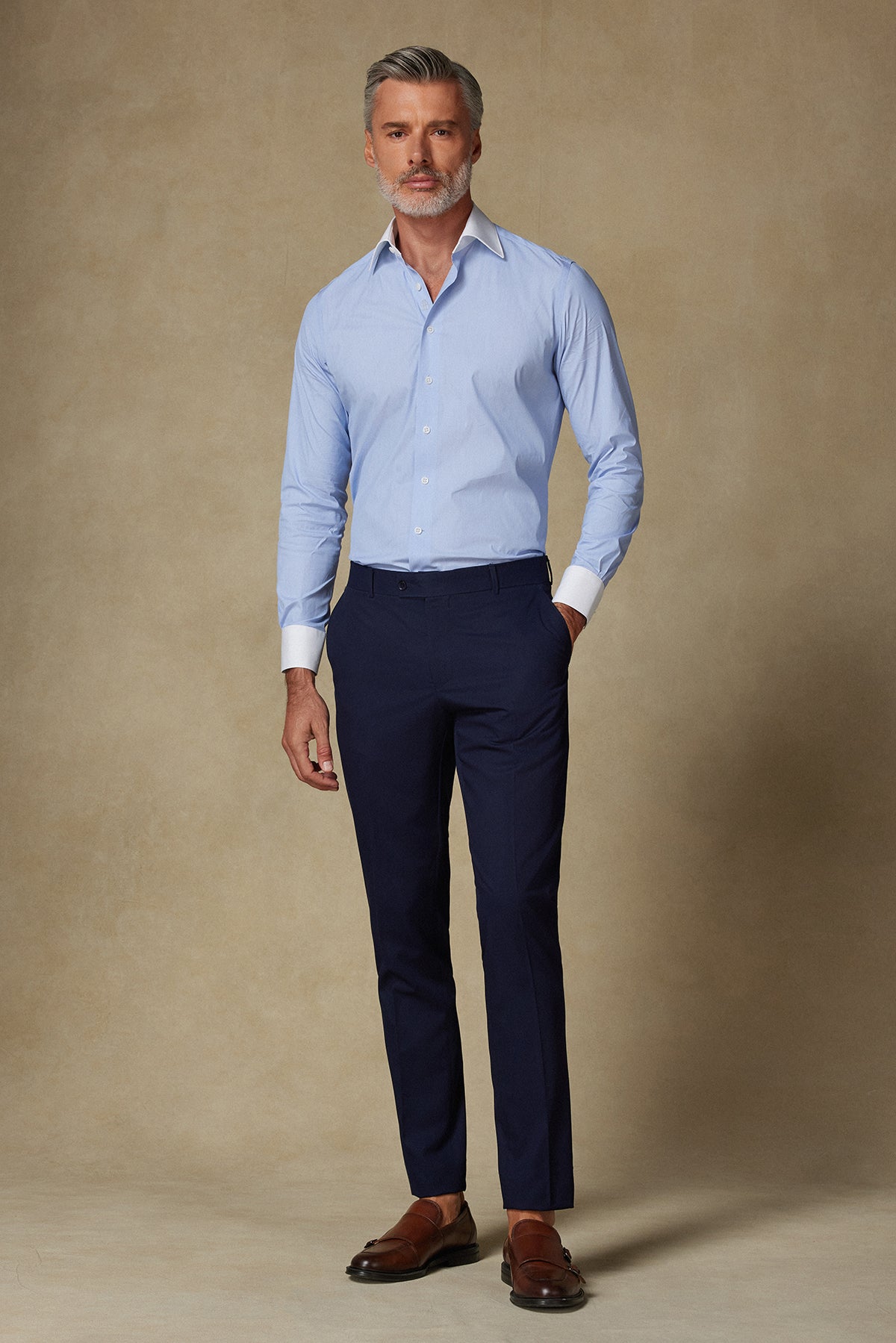 Abbate Sartoria Poplin Stretch Pamuk Karışımlı Slim Fit Mavi İtalyan Yaka Erkek Düz Gömlek