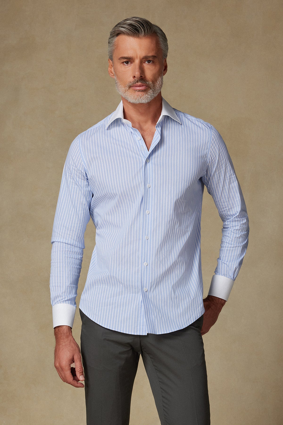 Abbate Sartoria Poplin Stretch Pamuk Karışımlı Slim Fit Açık Mavi İtalyan Yaka Erkek Çizgili Gömlek