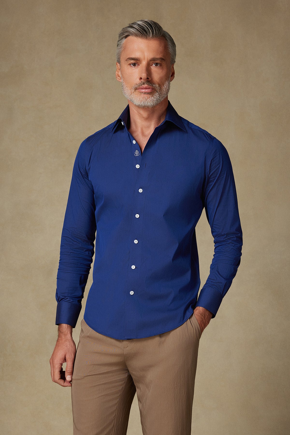 Abbate Sartoria Poplin Stretch Pamuk Karışımlı Slim Fit Lacivert İtalyan Yaka Erkek Düz Gömlek