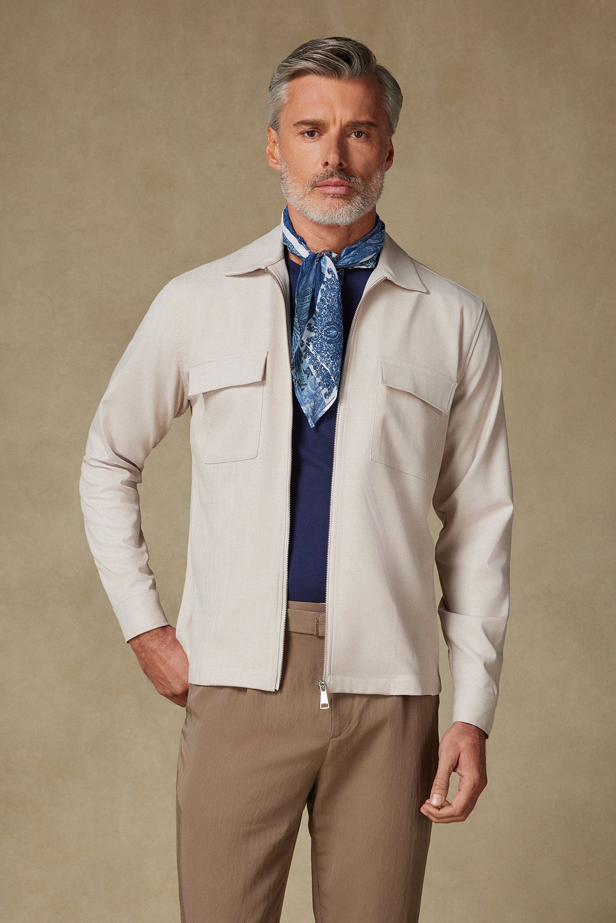 Abbate Verso Twill Polyviskon Karışımlı Overshirt Fit Bej Klasik Yaka Erkek Çizgili Gömlek