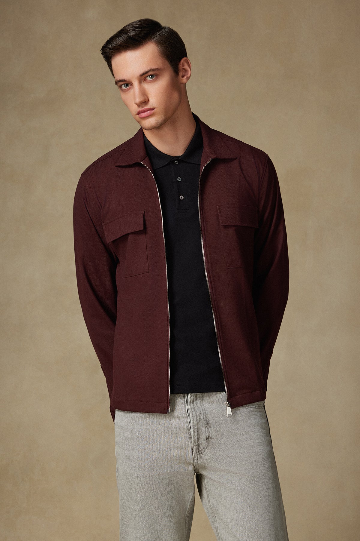 Abbate Verso Twill Overshirt Polyviskon Karışımlı Overshirt Fit Bordo Klasik Yaka Erkek Çizgili Gömlek