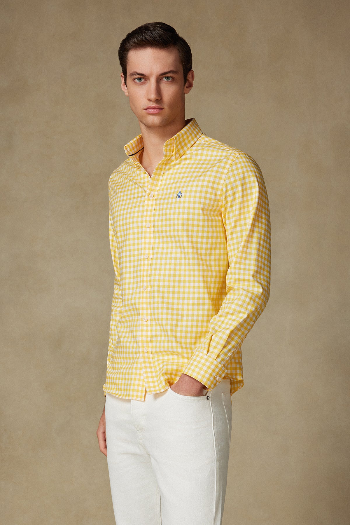 Abbate Lusso Twill Pamuklu Comfort Fit Sarı Düğmeli Yaka Erkek Kareli Gömlek