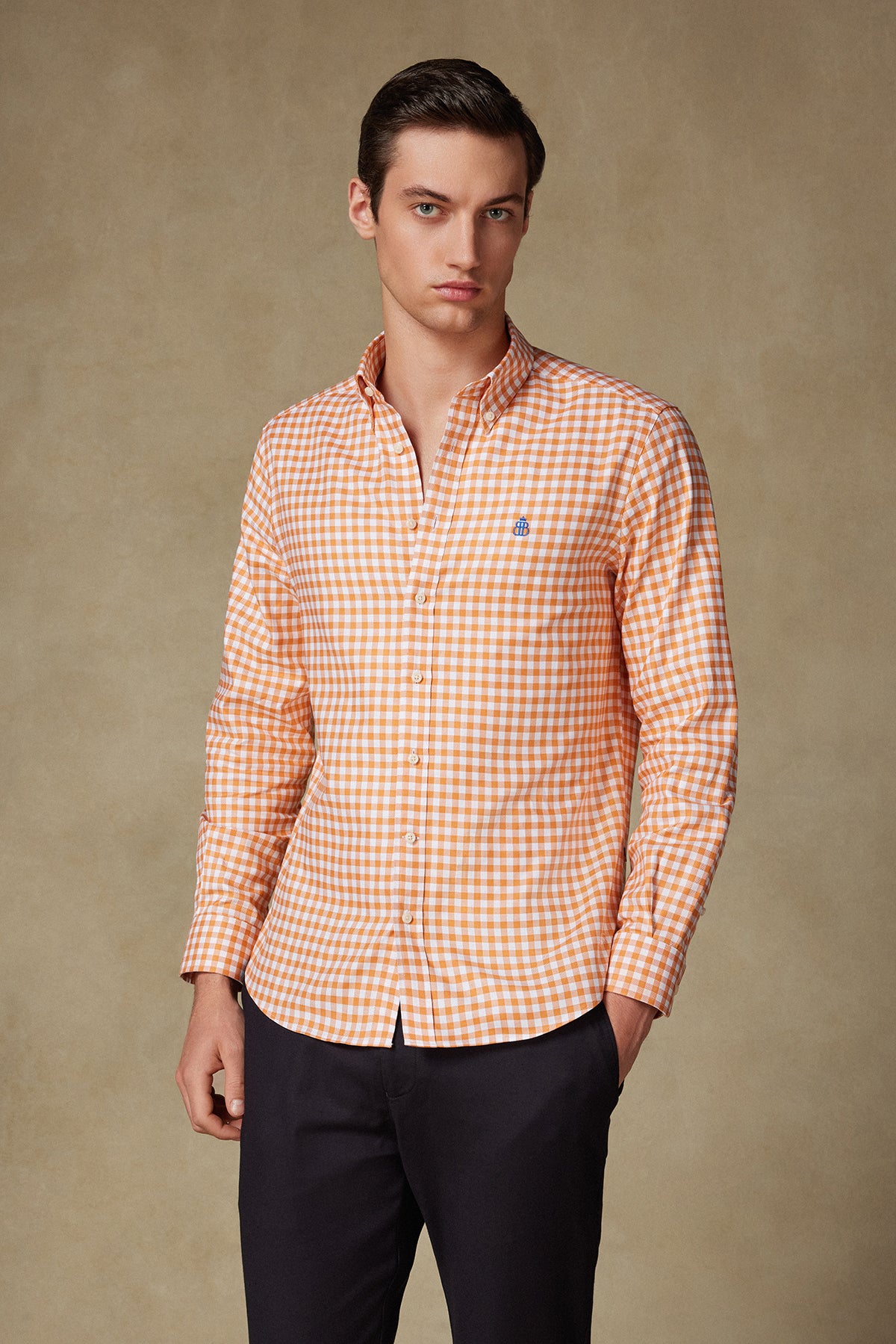 Abbate Lusso Twill Pamuklu Comfort Fit Turuncu Düğmeli Yaka Erkek Kareli Gömlek