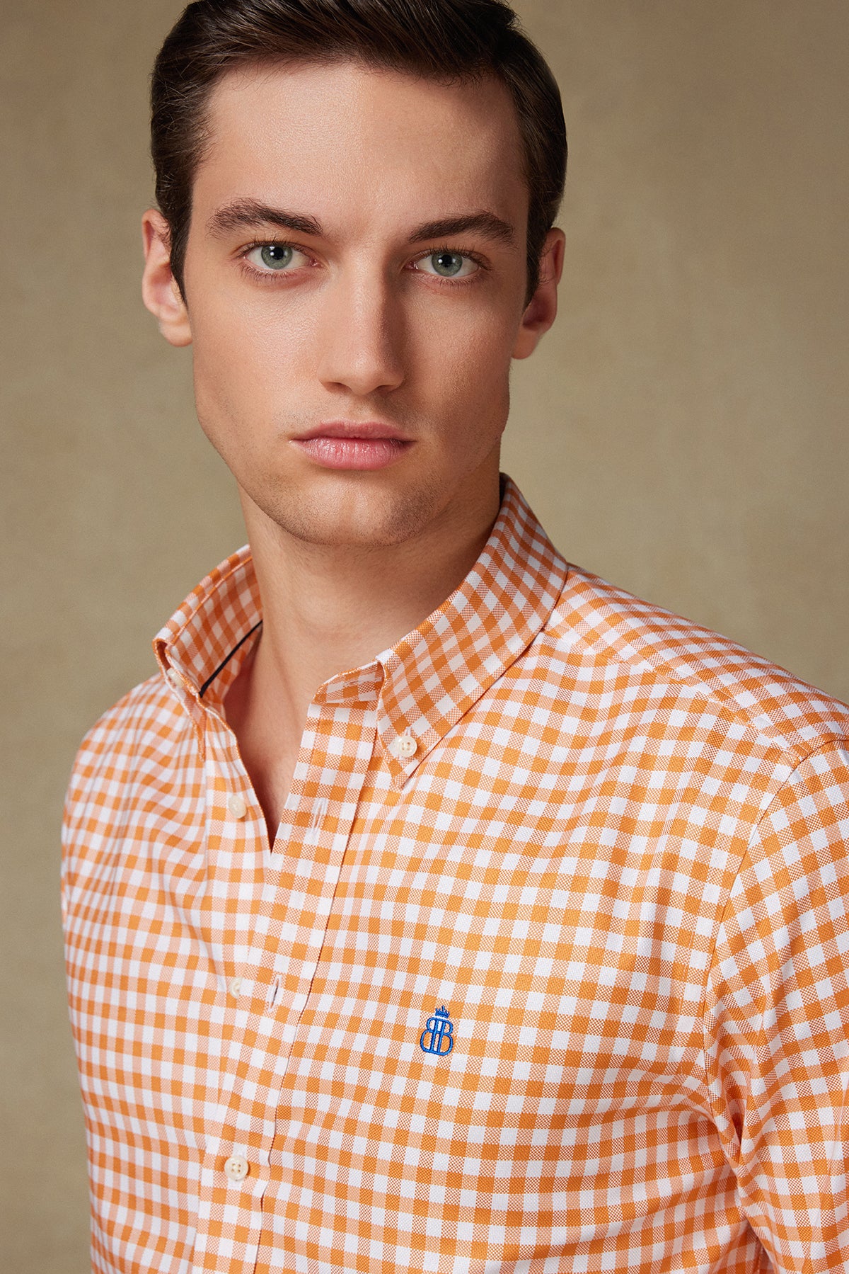Abbate Lusso Twill Pamuklu Comfort Fit Turuncu Düğmeli Yaka Erkek Kareli Gömlek